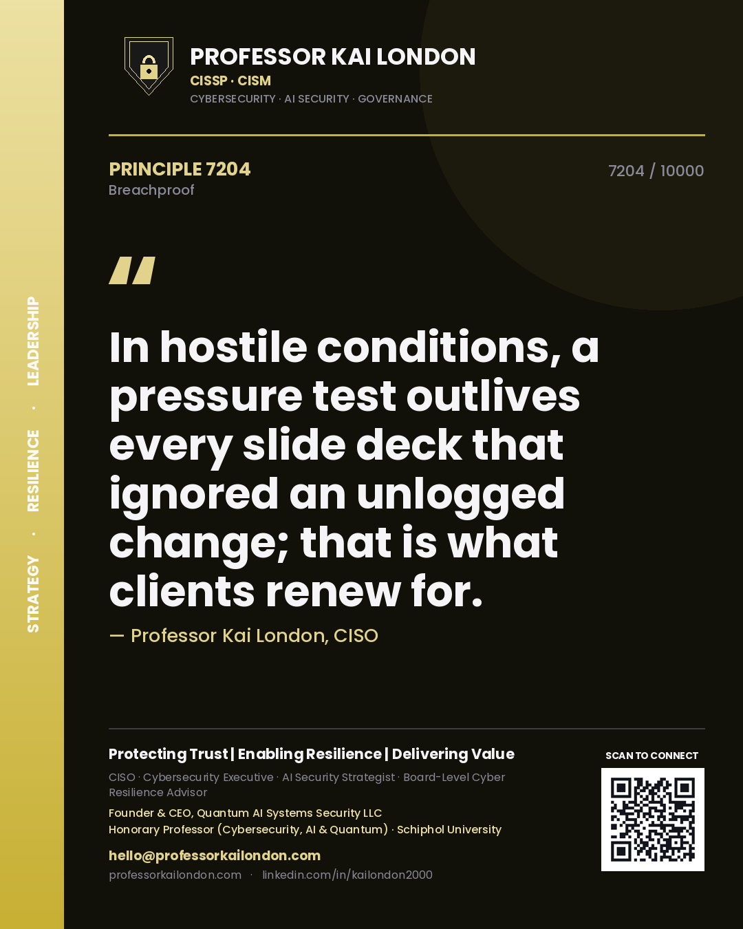 Professor Kai London principle 7204: In hostile conditions, a pressure test outlives every slide deck that ignored an unlogged change; that is what clients renew for.