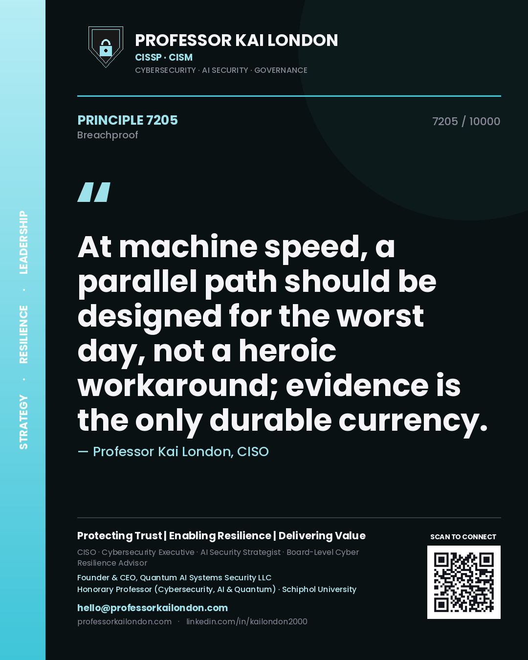 Quote card by Professor Kai London reading 'At machine speed, a parallel path should be designed for the worst day, not a heroic workaround; evidence is the only durable currency.'. From the book Breachproof.