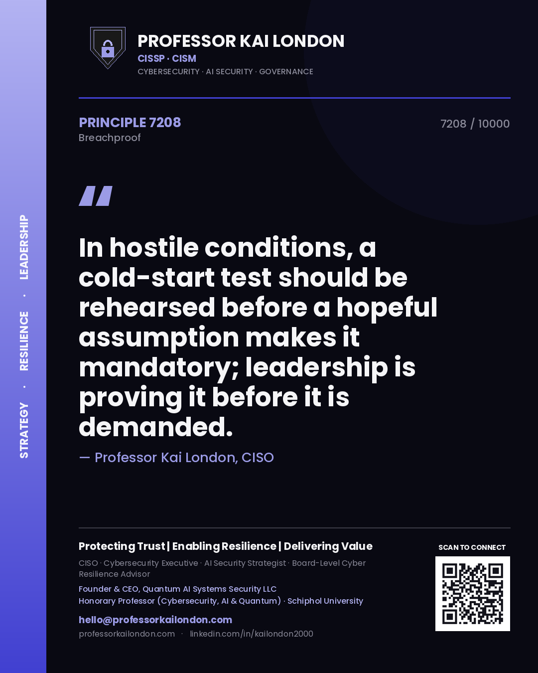 Quote card by Professor Kai London reading 'In hostile conditions, a cold-start test should be rehearsed before a hopeful assumption makes it mandatory; leadership is proving it before it is demanded.'. From the book Breachproof.