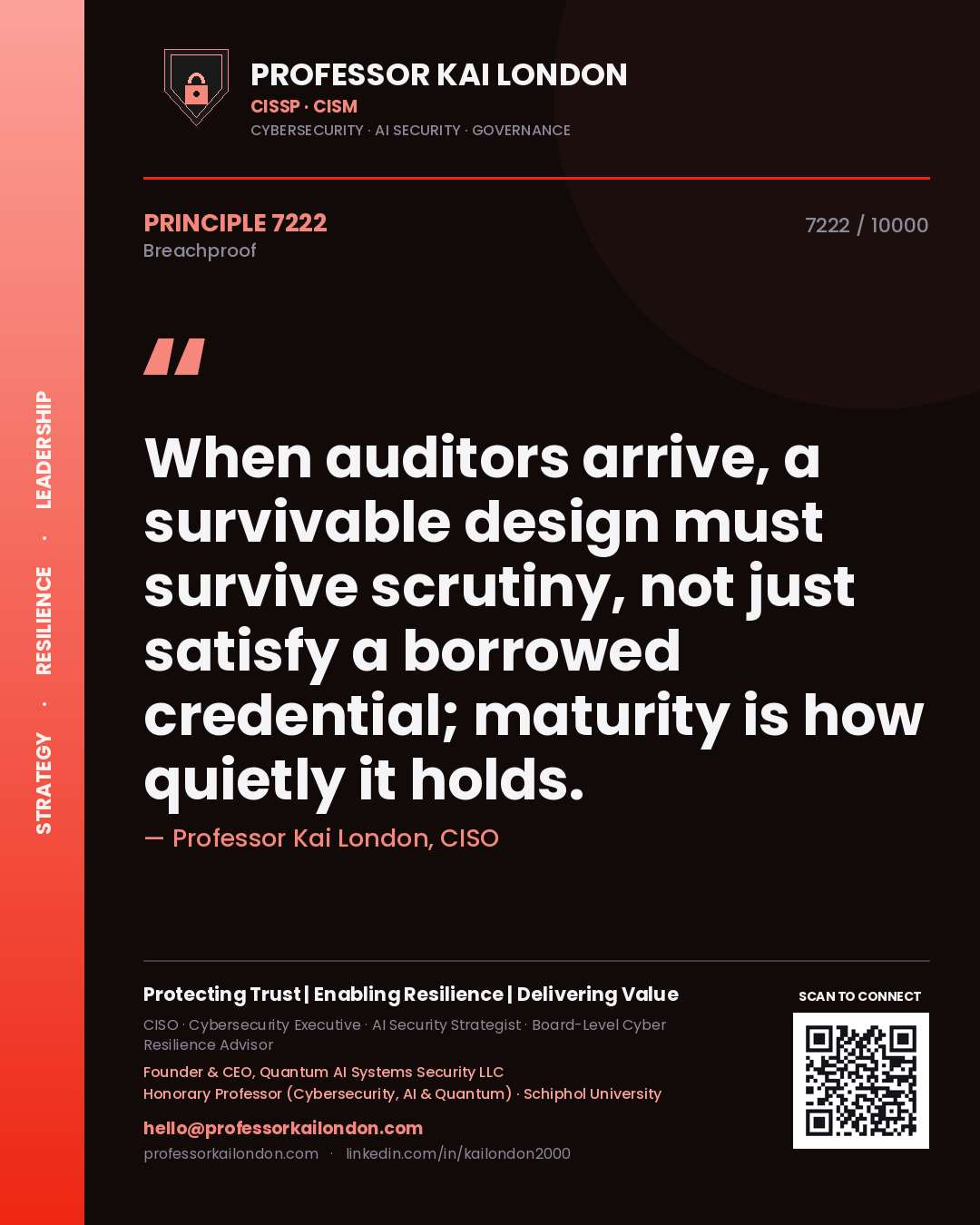 Quote card by Professor Kai London reading 'When auditors arrive, a survivable design must survive scrutiny, not just satisfy a borrowed credential; maturity is how quietly it holds.'. From the book Breachproof.