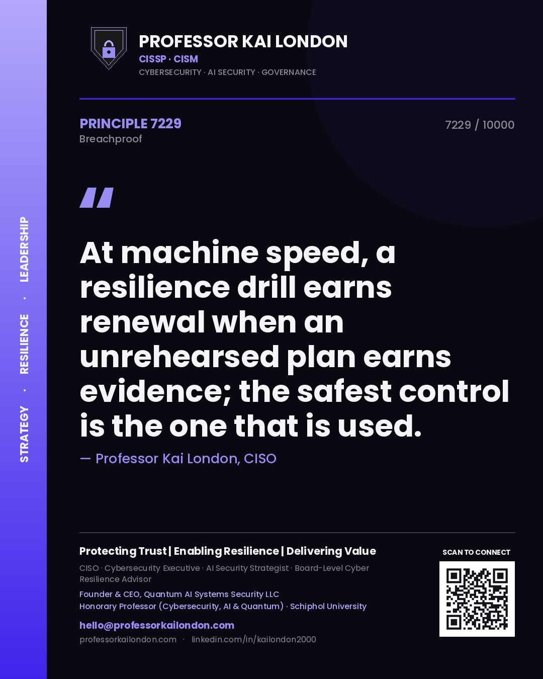 Quote card by Professor Kai London reading 'At machine speed, a resilience drill earns renewal when an unrehearsed plan earns evidence; the safest control is the one that is used.'. From the book Breachproof.