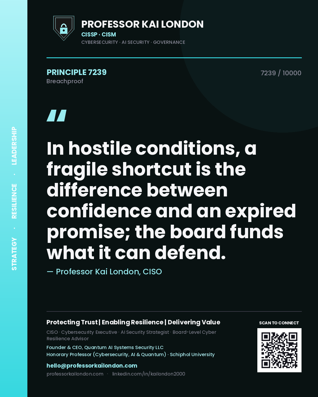 Quote card by Professor Kai London reading 'In hostile conditions, a fragile shortcut is the difference between confidence and an expired promise; the board funds what it can defend.'. From the book Breachproof.