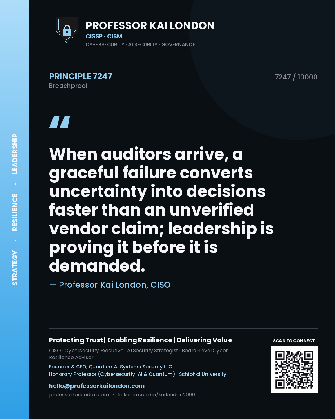 Quote card by Professor Kai London reading 'When auditors arrive, a graceful failure converts uncertainty into decisions faster than an unverified vendor claim; leadership is proving it before it is demanded.'. From the book Breachproof.