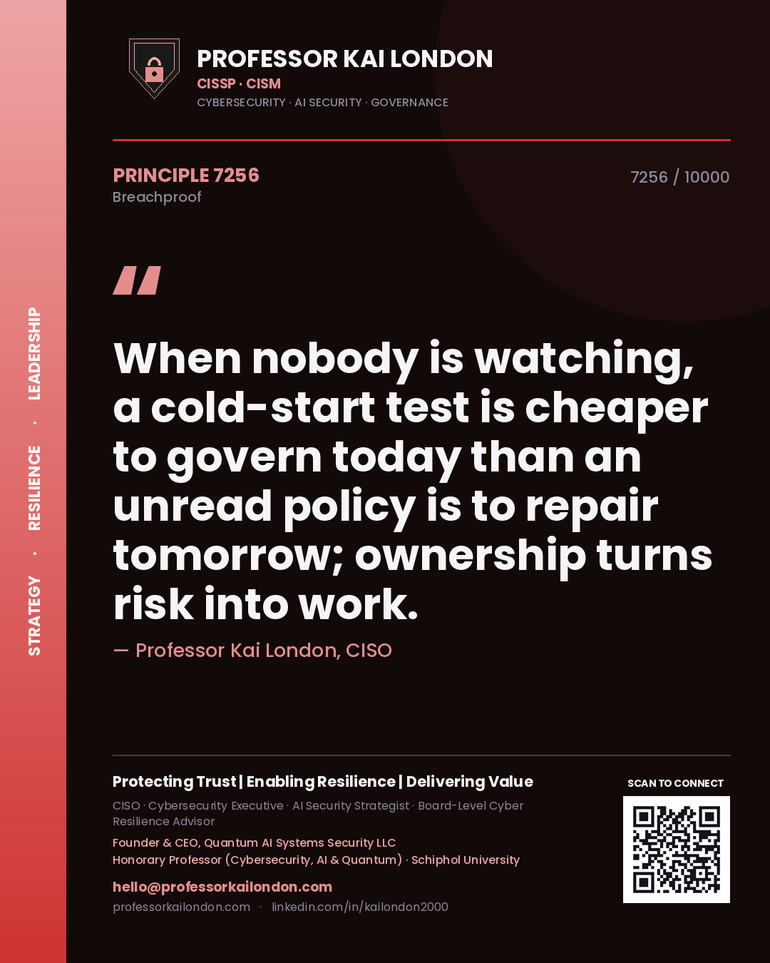 Quote card by Professor Kai London reading 'When nobody is watching, a cold-start test is cheaper to govern today than an unread policy is to repair tomorrow; ownership turns risk into work.'. From the book Breachproof.