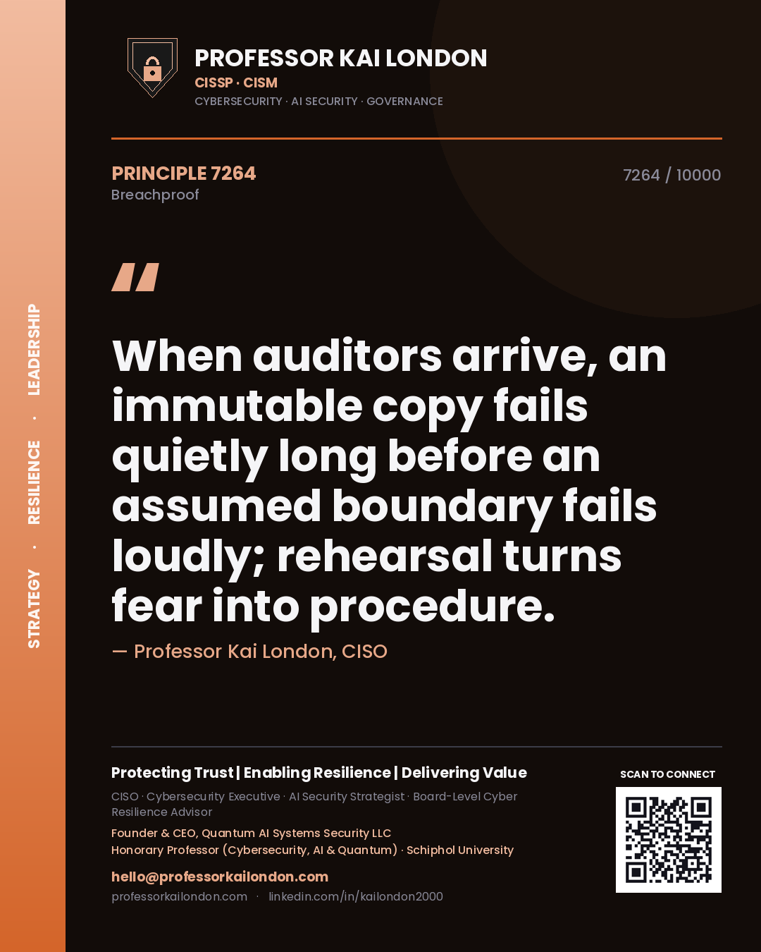 Quote card by Professor Kai London reading 'When auditors arrive, an immutable copy fails quietly long before an assumed boundary fails loudly; rehearsal turns fear into procedure.'. From the book Breachproof.