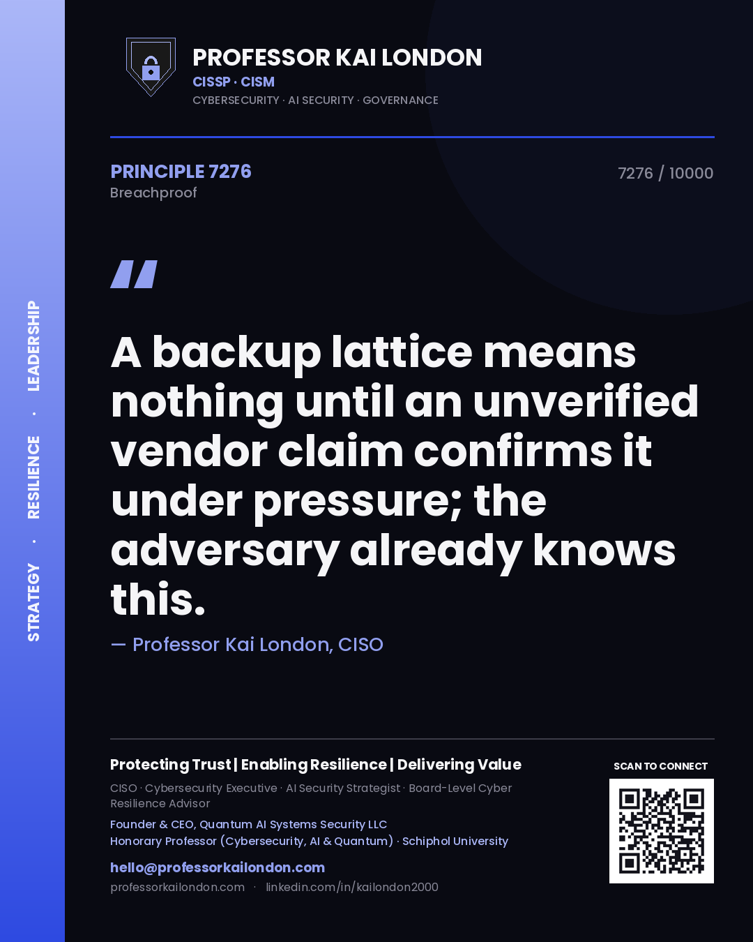 Quote card by Professor Kai London reading 'A backup lattice means nothing until an unverified vendor claim confirms it under pressure; the adversary already knows this.'. From the book Breachproof.