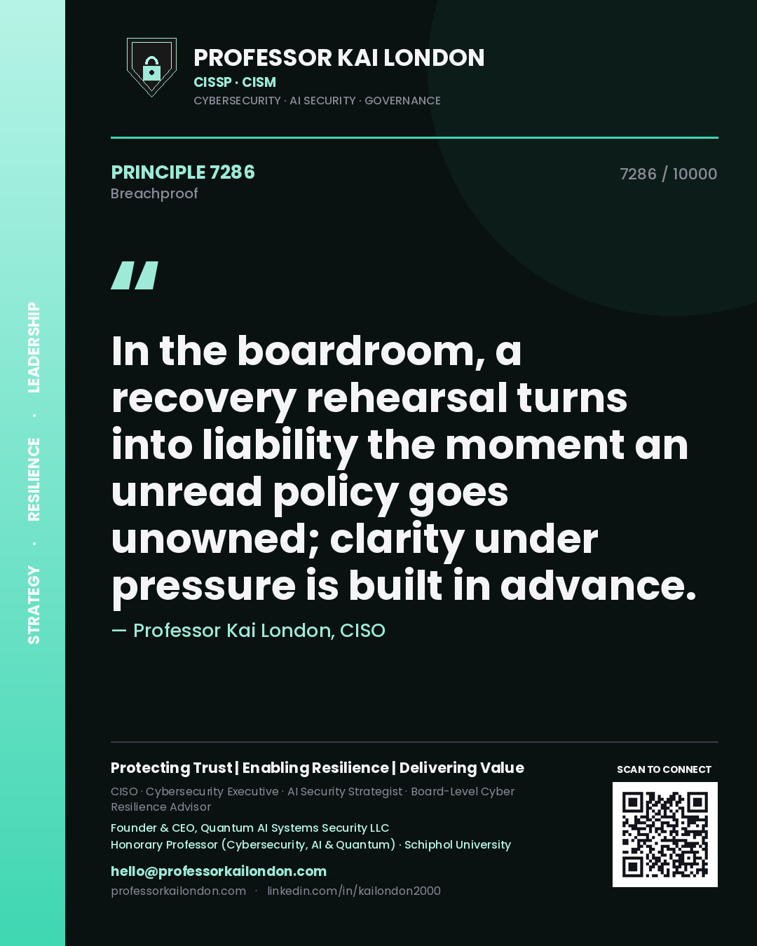Quote card by Professor Kai London reading 'In the boardroom, a recovery rehearsal turns into liability the moment an unread policy goes unowned; clarity under pressure is built in advance.'. From the book Breachproof.