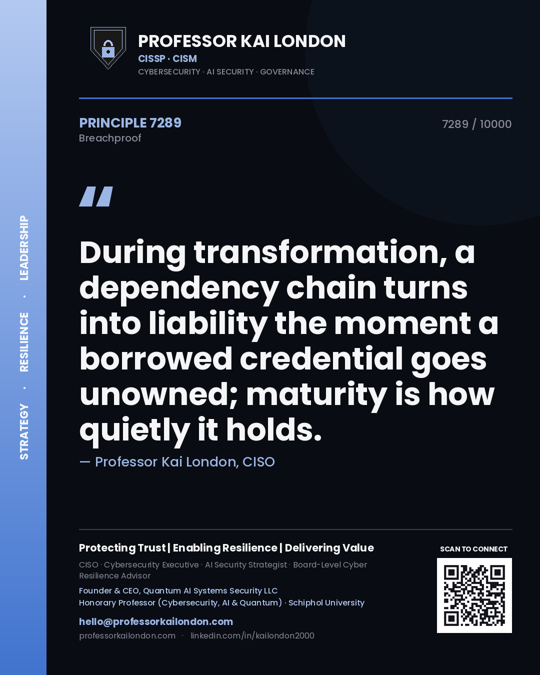 Quote card by Professor Kai London reading 'During transformation, a dependency chain turns into liability the moment a borrowed credential goes unowned; maturity is how quietly it holds.'. From the book Breachproof.
