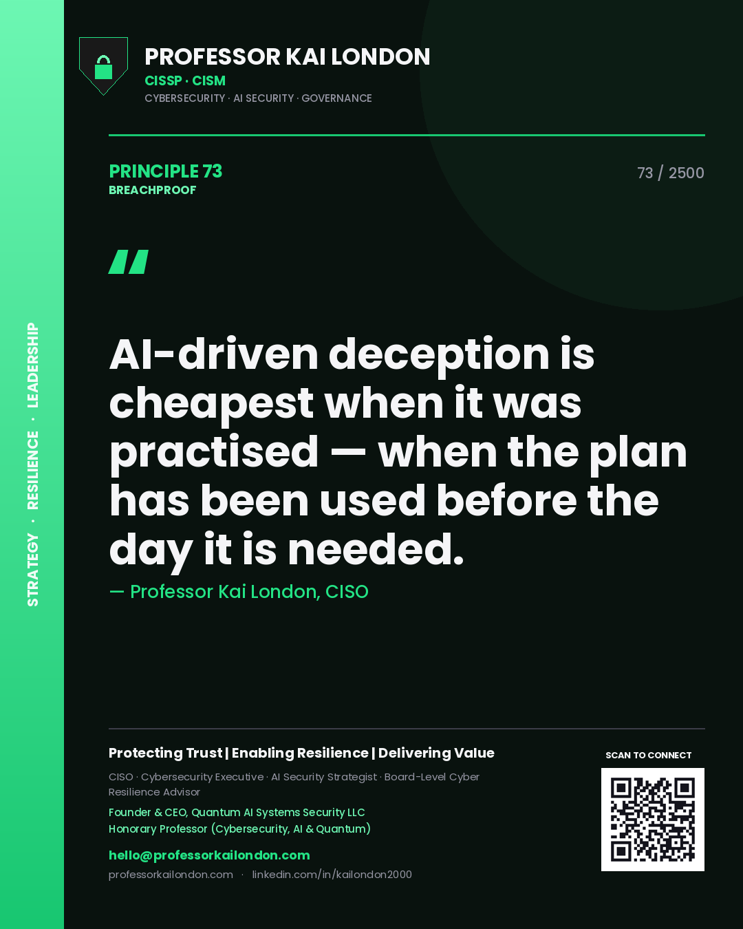 Quote card by Professor Kai London reading 'AI-driven deception is cheapest when it was practised — when the plan has been used before the day it is needed.'. From the book Breachproof.