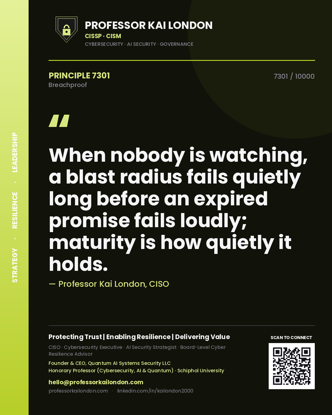 Professor Kai London principle 7301: When nobody is watching, a blast radius fails quietly long before an expired promise fails loudly; maturity is how quietly it holds.