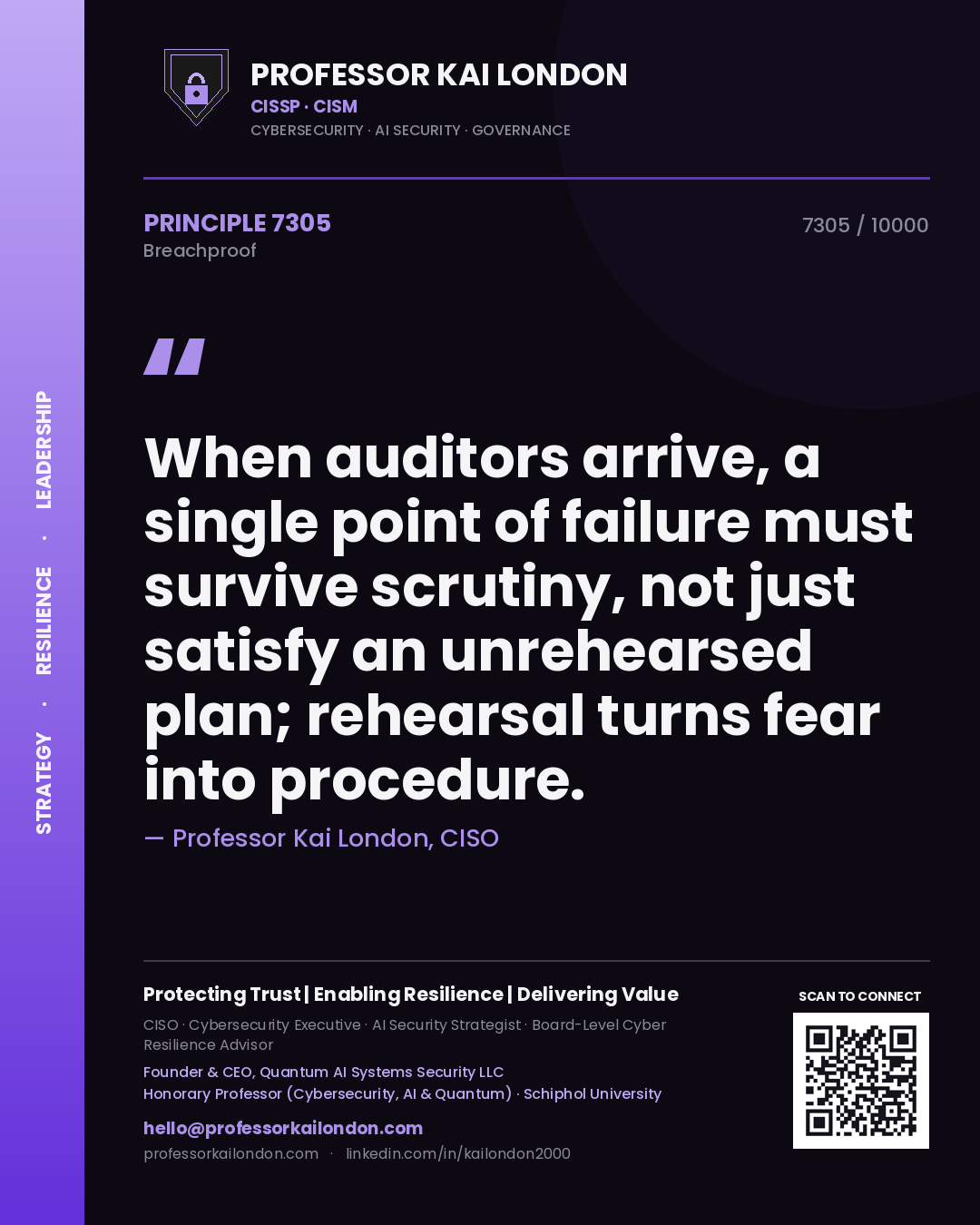 Quote card by Professor Kai London reading 'When auditors arrive, a single point of failure must survive scrutiny, not just satisfy an unrehearsed plan; rehearsal turns fear into procedure.'. From the book Breachproof.