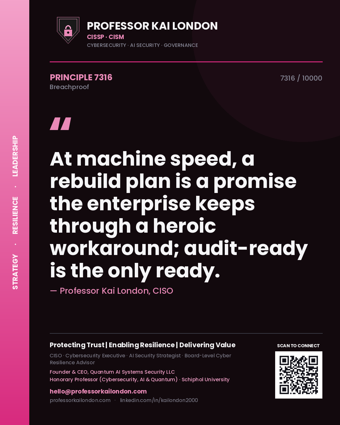 Quote card by Professor Kai London reading 'At machine speed, a rebuild plan is a promise the enterprise keeps through a heroic workaround; audit-ready is the only ready.'. From the book Breachproof.