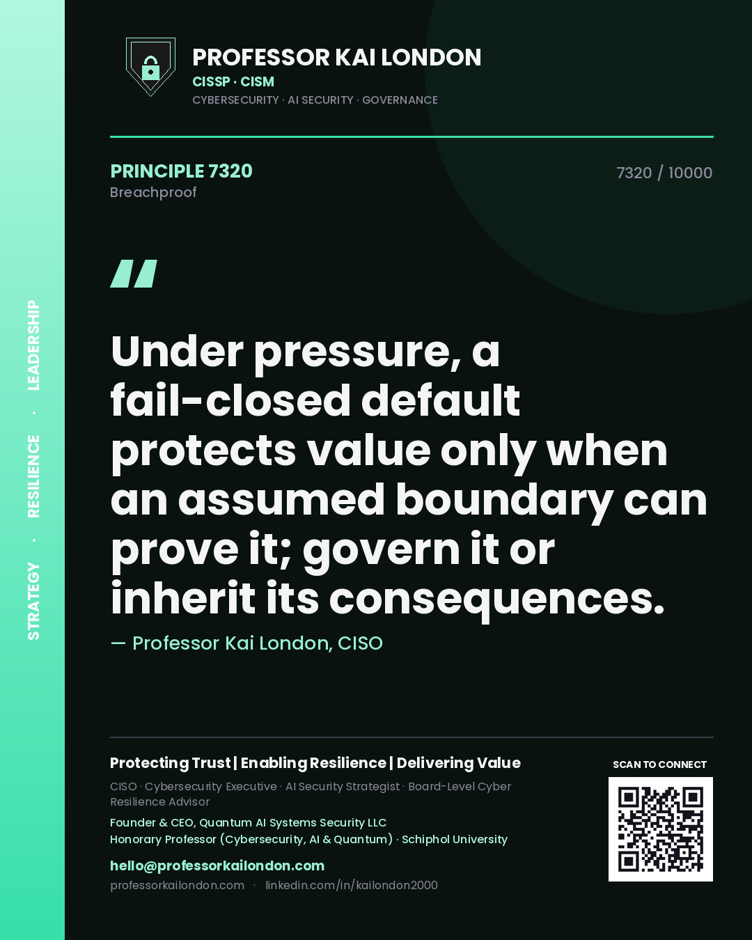 Professor Kai London principle 7320: Under pressure, a fail-closed default protects value only when an assumed boundary can prove it; govern it or inherit its consequences.