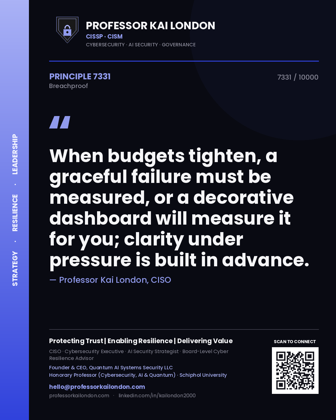 Professor Kai London principle 7331: When budgets tighten, a graceful failure must be measured, or a decorative dashboard will measure it for you; clarity under pressure is built in advance.