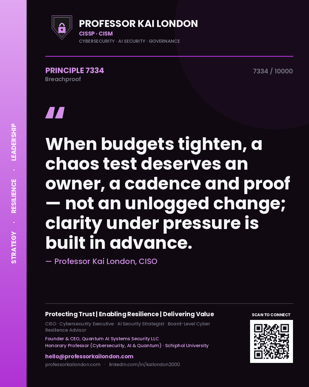 Quote card by Professor Kai London reading 'When budgets tighten, a chaos test deserves an owner, a cadence and proof — not an unlogged change; clarity under pressure is built in advance.'. From the book Breachproof.
