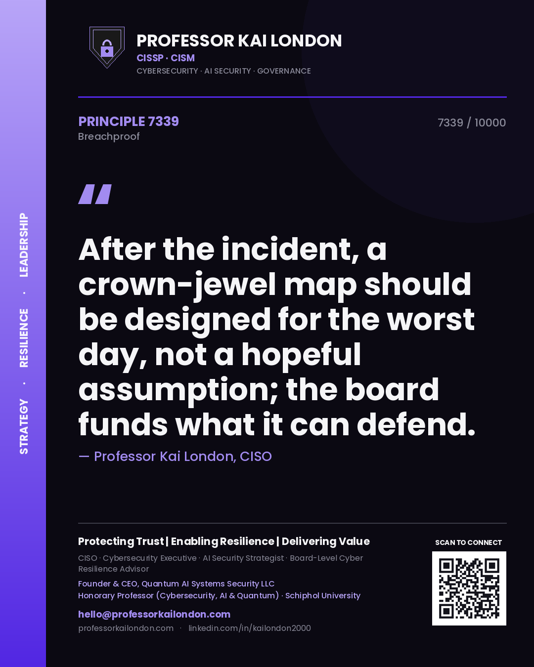 Professor Kai London principle 7339: After the incident, a crown-jewel map should be designed for the worst day, not a hopeful assumption; the board funds what it can defend.