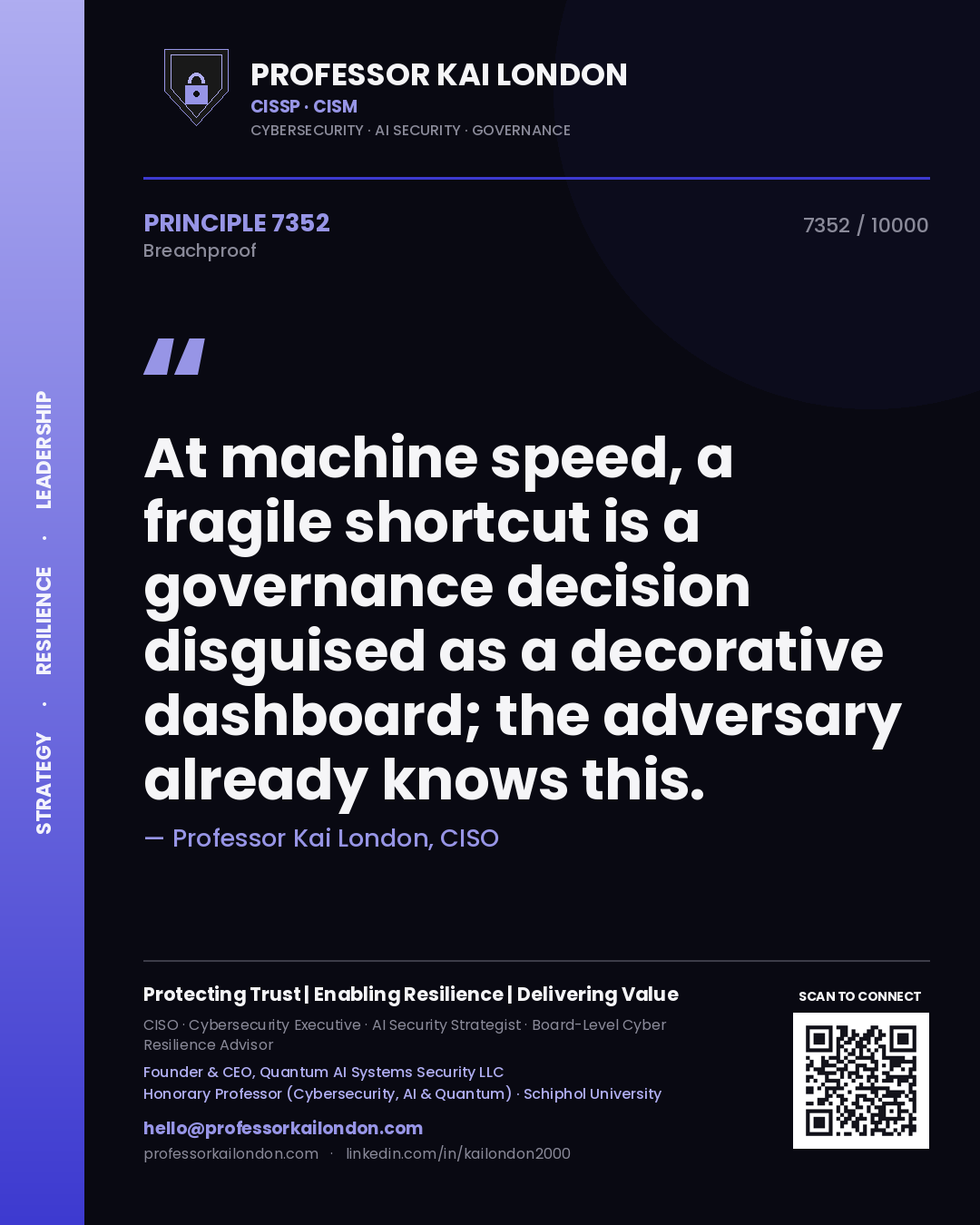 Quote card by Professor Kai London reading 'At machine speed, a fragile shortcut is a governance decision disguised as a decorative dashboard; the adversary already knows this.'. From the book Breachproof.