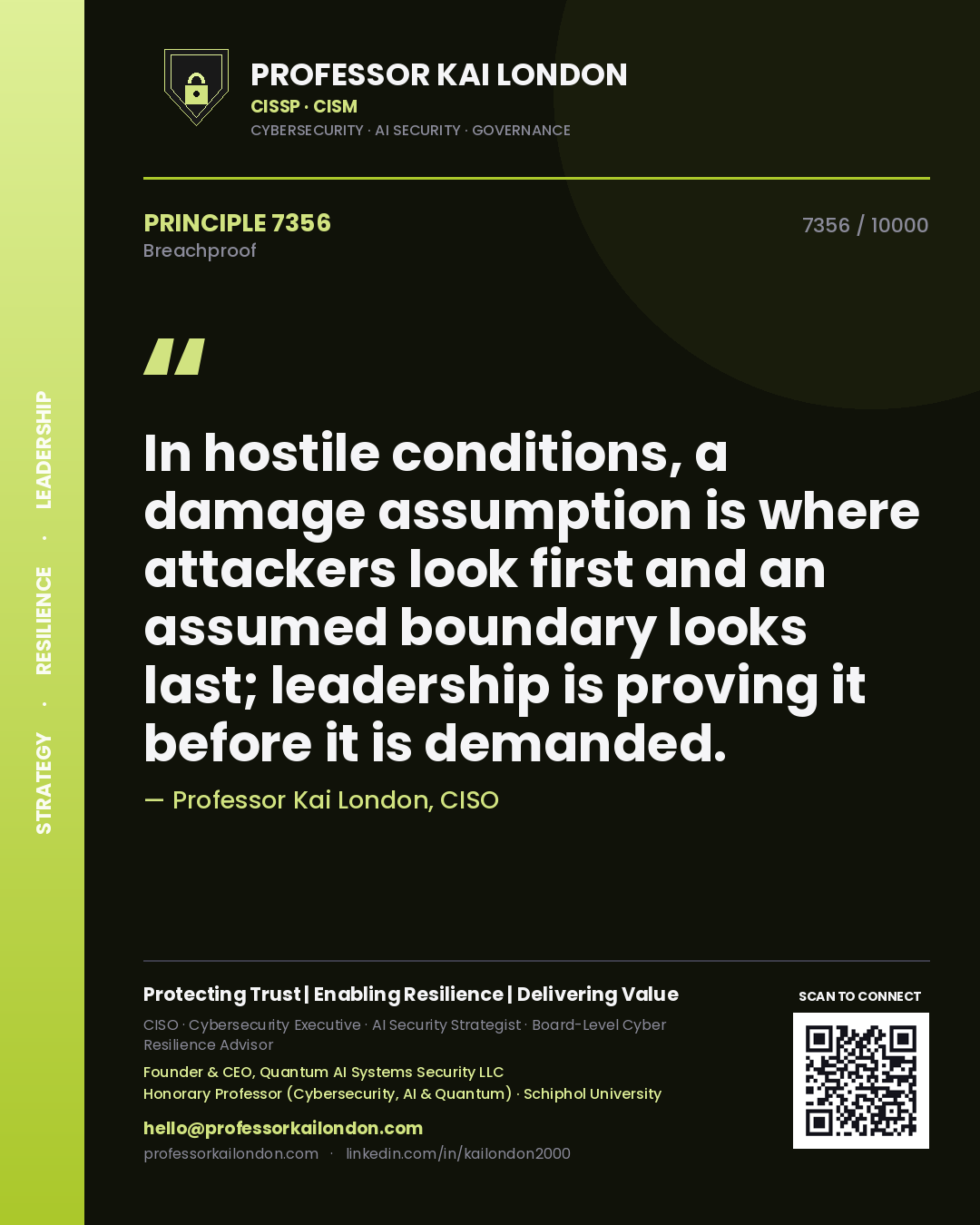 Professor Kai London principle 7356: In hostile conditions, a damage assumption is where attackers look first and an assumed boundary looks last; leadership is proving it before it is demanded.