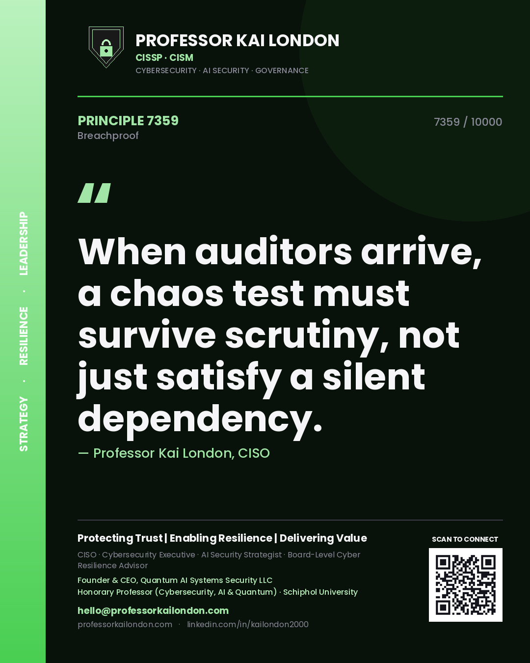 Professor Kai London principle 7359: When auditors arrive, a chaos test must survive scrutiny, not just satisfy a silent dependency.