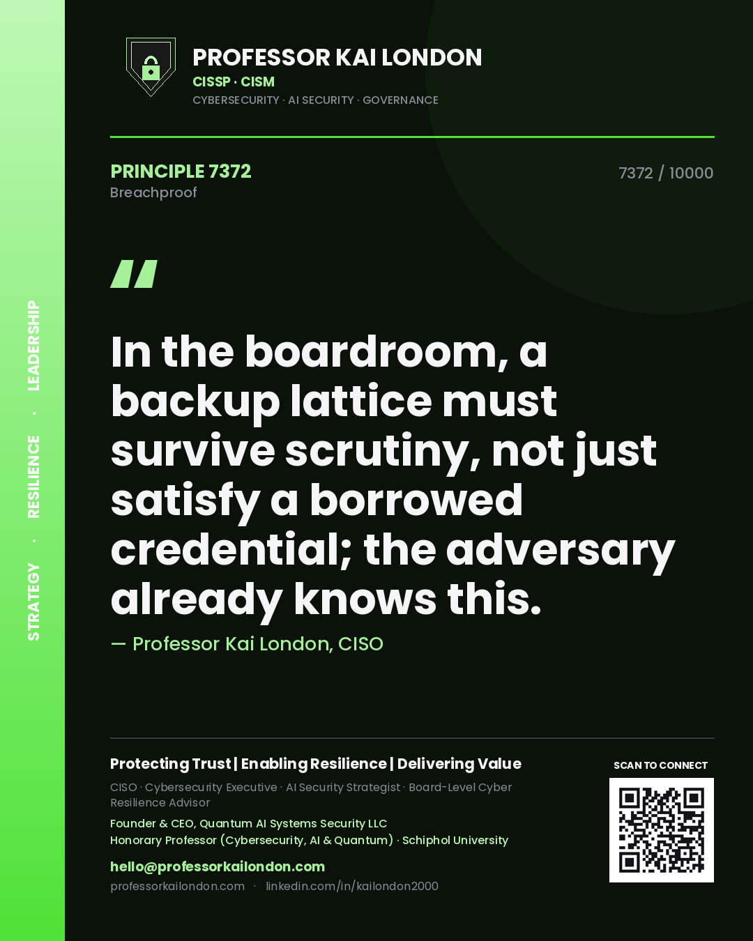 Professor Kai London principle 7372: In the boardroom, a backup lattice must survive scrutiny, not just satisfy a borrowed credential; the adversary already knows this.