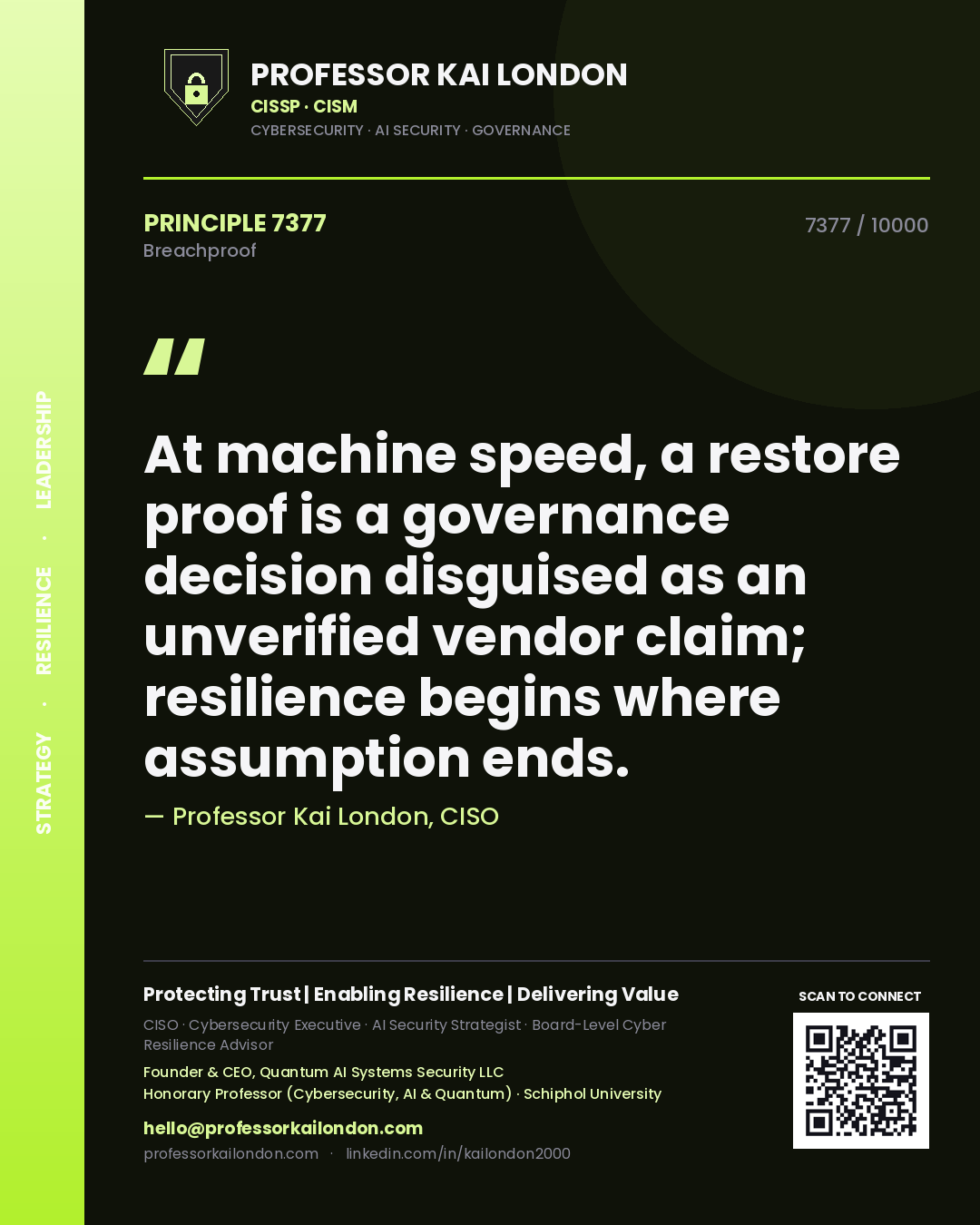 Professor Kai London principle 7377: At machine speed, a restore proof is a governance decision disguised as an unverified vendor claim; resilience begins where assumption ends.