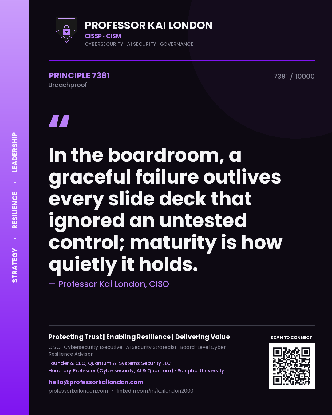 Quote card by Professor Kai London reading 'In the boardroom, a graceful failure outlives every slide deck that ignored an untested control; maturity is how quietly it holds.'. From the book Breachproof.
