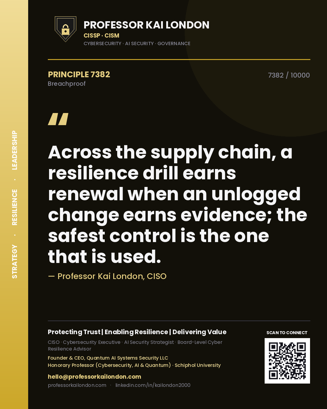 Professor Kai London principle 7382: Across the supply chain, a resilience drill earns renewal when an unlogged change earns evidence; the safest control is the one that is used.