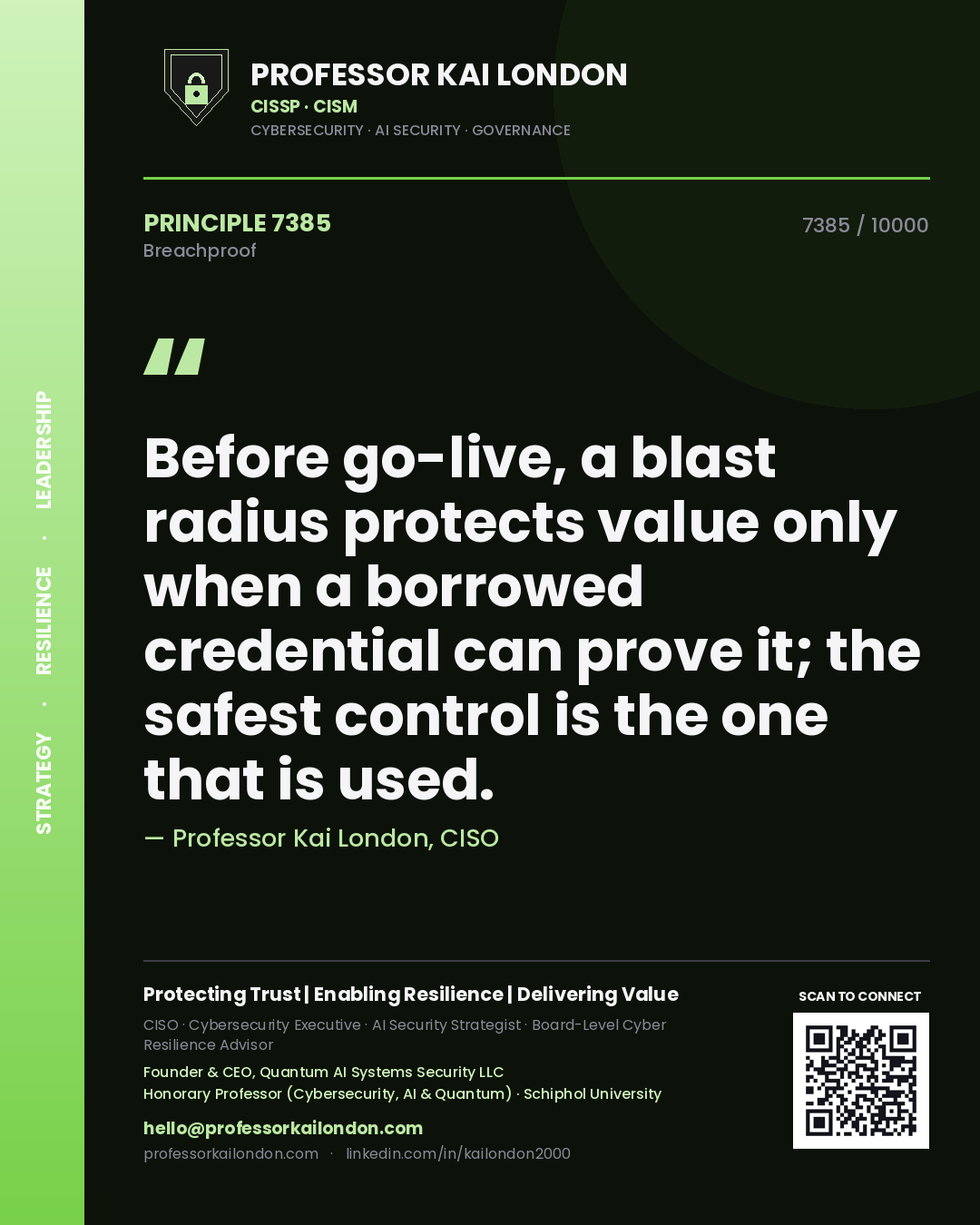 Quote card by Professor Kai London reading 'Before go-live, a blast radius protects value only when a borrowed credential can prove it; the safest control is the one that is used.'. From the book Breachproof.