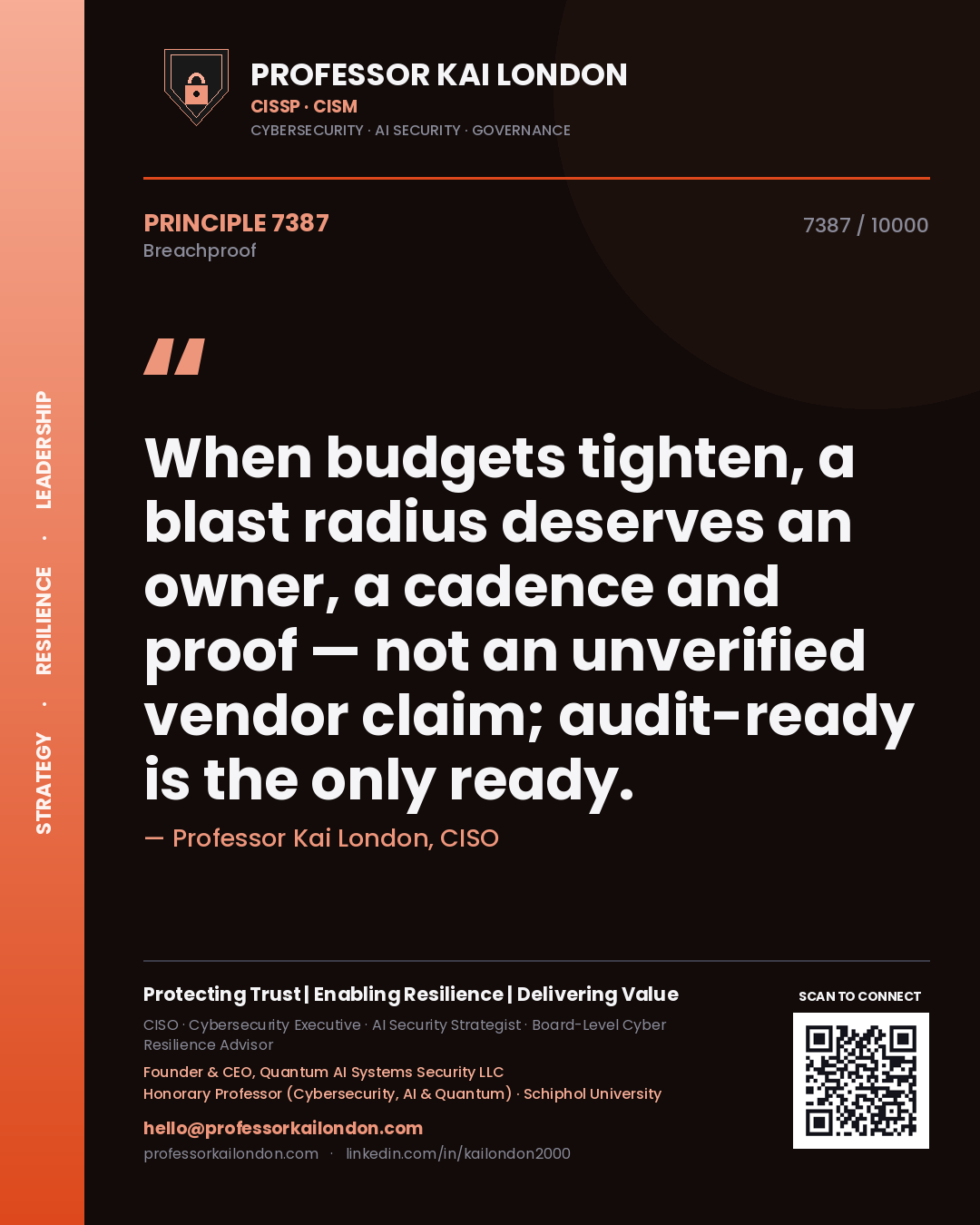Professor Kai London principle 7387: When budgets tighten, a blast radius deserves an owner, a cadence and proof — not an unverified vendor claim; audit-ready is the only ready.