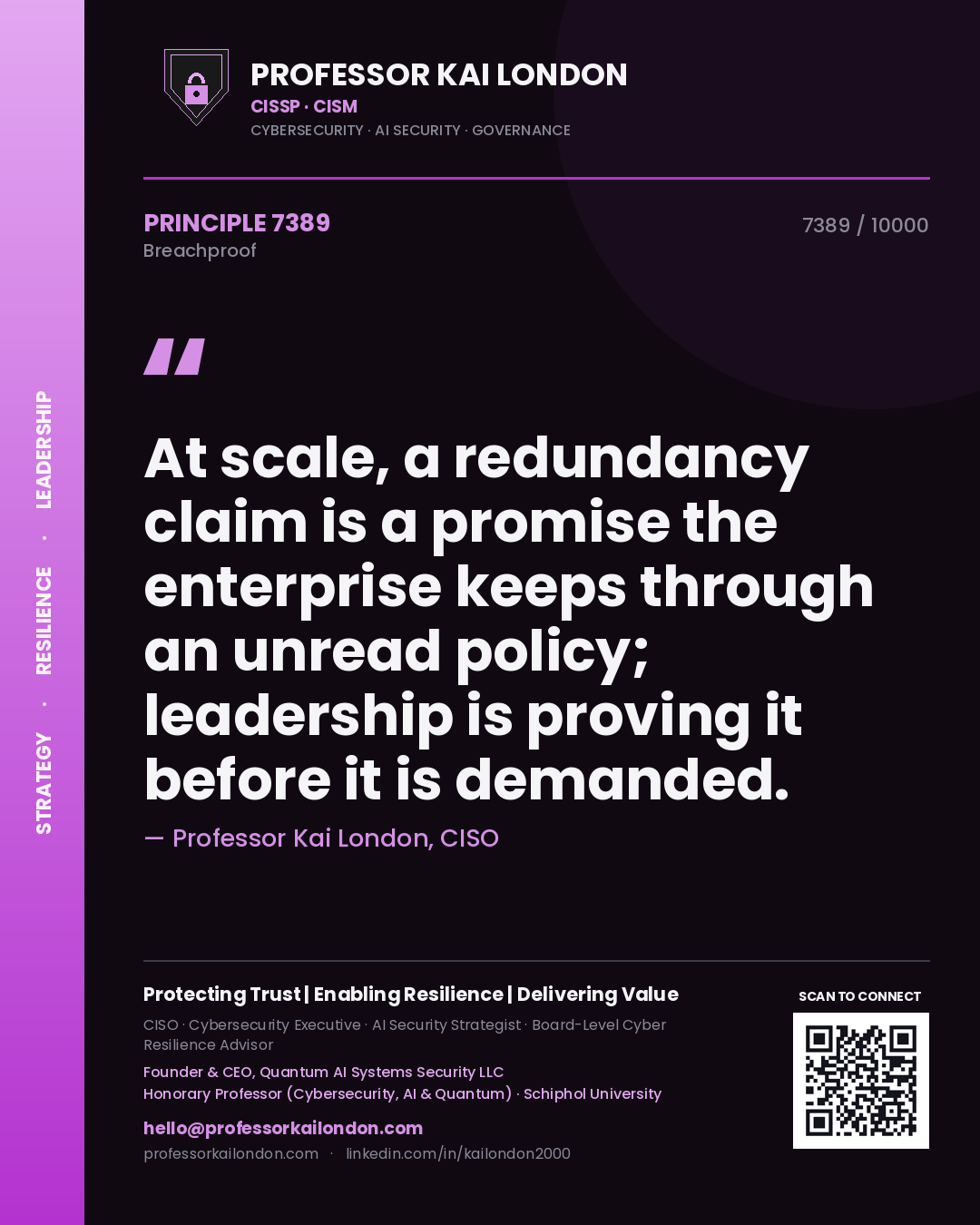 Quote card by Professor Kai London reading 'At scale, a redundancy claim is a promise the enterprise keeps through an unread policy; leadership is proving it before it is demanded.'. From the book Breachproof.