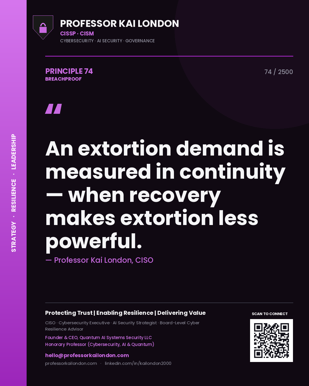 Quote card by Professor Kai London reading 'An extortion demand is measured in continuity — when recovery makes extortion less powerful.'. From the book Breachproof.