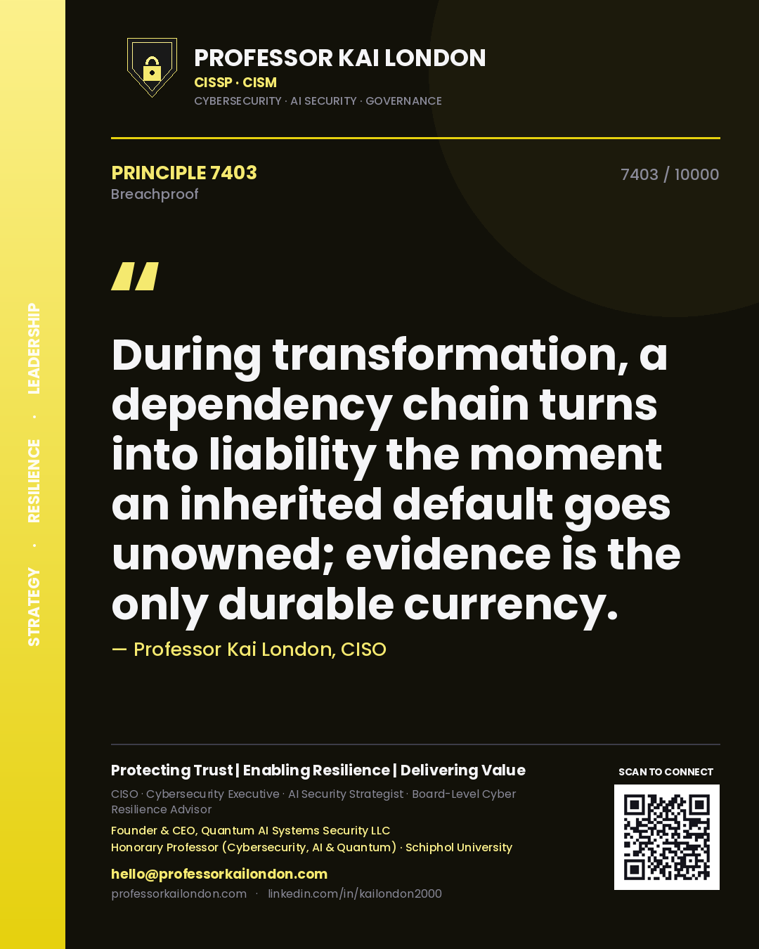 Quote card by Professor Kai London reading 'During transformation, a dependency chain turns into liability the moment an inherited default goes unowned; evidence is the only durable currency.'. From the book Breachproof.