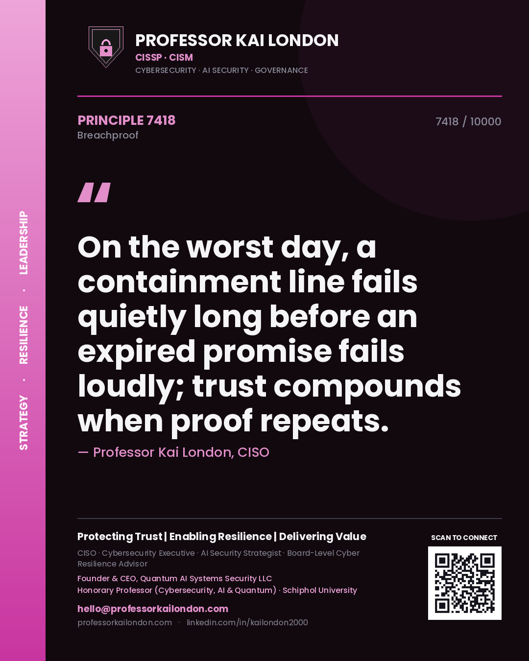 Quote card by Professor Kai London reading 'On the worst day, a containment line fails quietly long before an expired promise fails loudly; trust compounds when proof repeats.'. From the book Breachproof.
