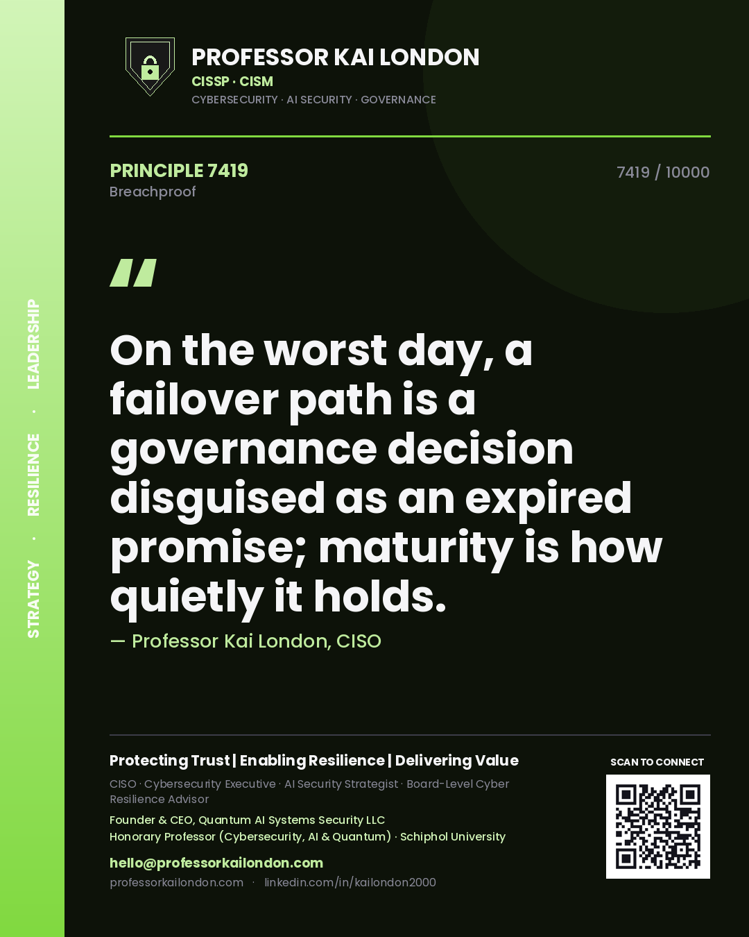 Quote card by Professor Kai London reading 'On the worst day, a failover path is a governance decision disguised as an expired promise; maturity is how quietly it holds.'. From the book Breachproof.