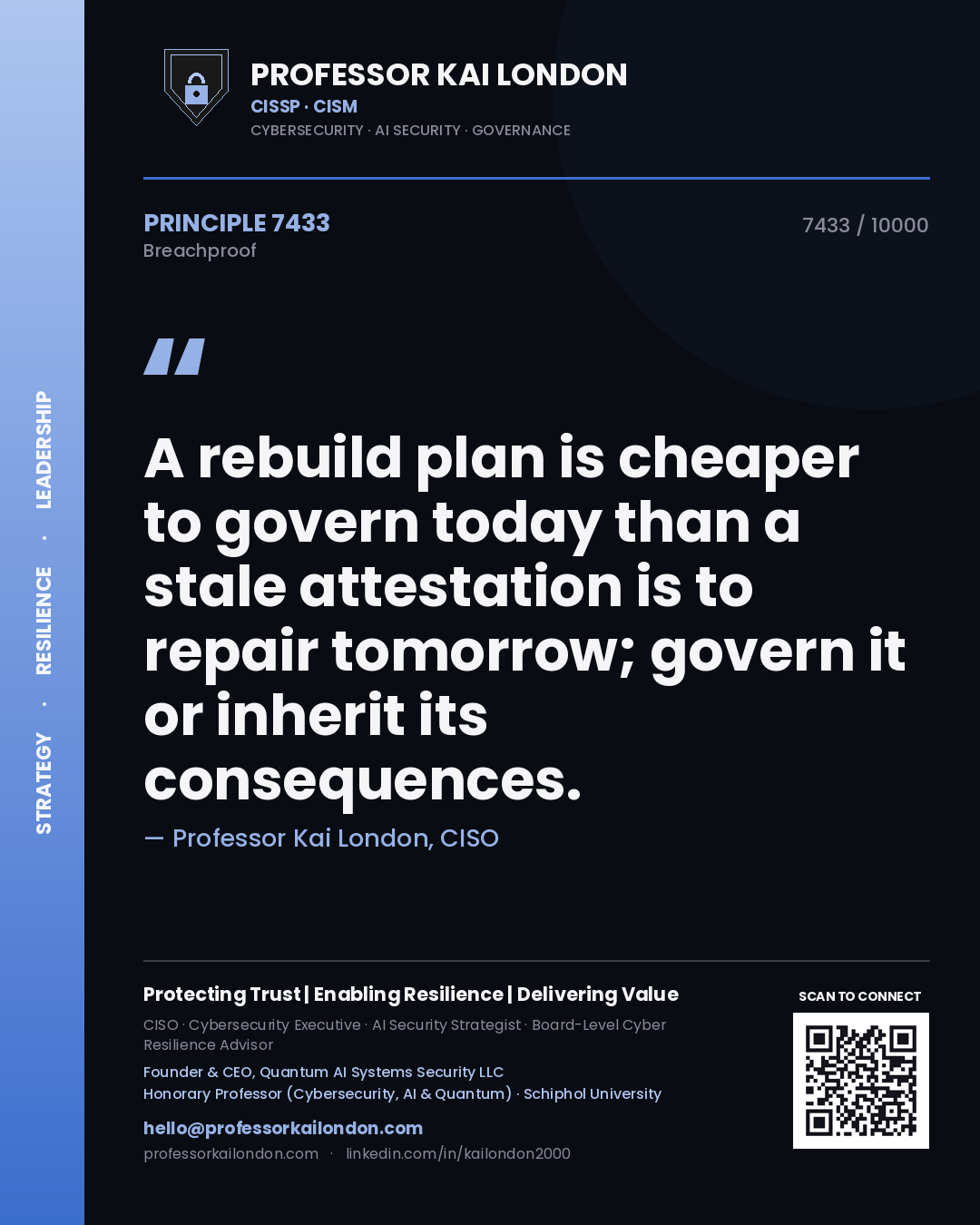 Quote card by Professor Kai London reading 'A rebuild plan is cheaper to govern today than a stale attestation is to repair tomorrow; govern it or inherit its consequences.'. From the book Breachproof.