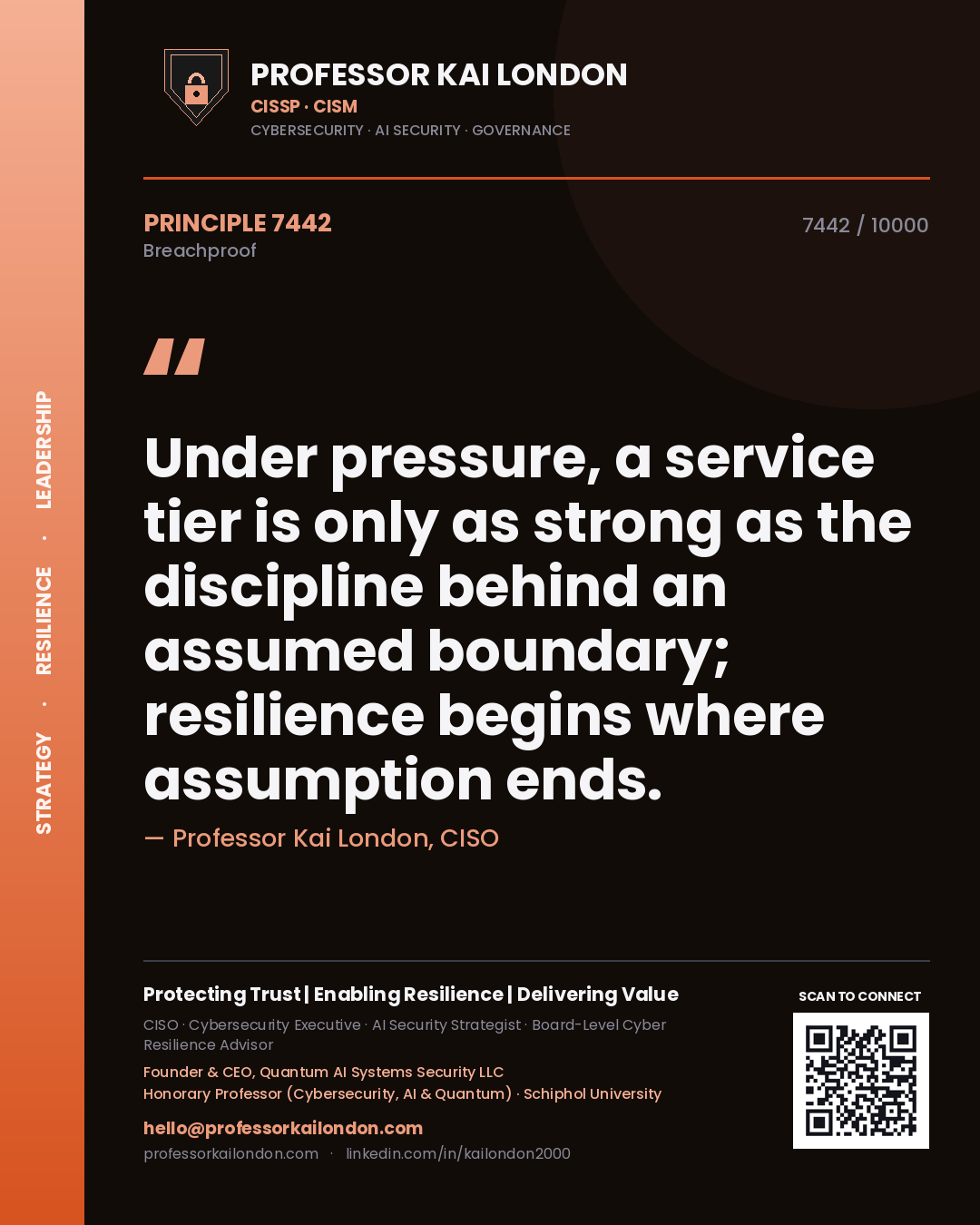Quote card by Professor Kai London reading 'Under pressure, a service tier is only as strong as the discipline behind an assumed boundary; resilience begins where assumption ends.'. From the book Breachproof.