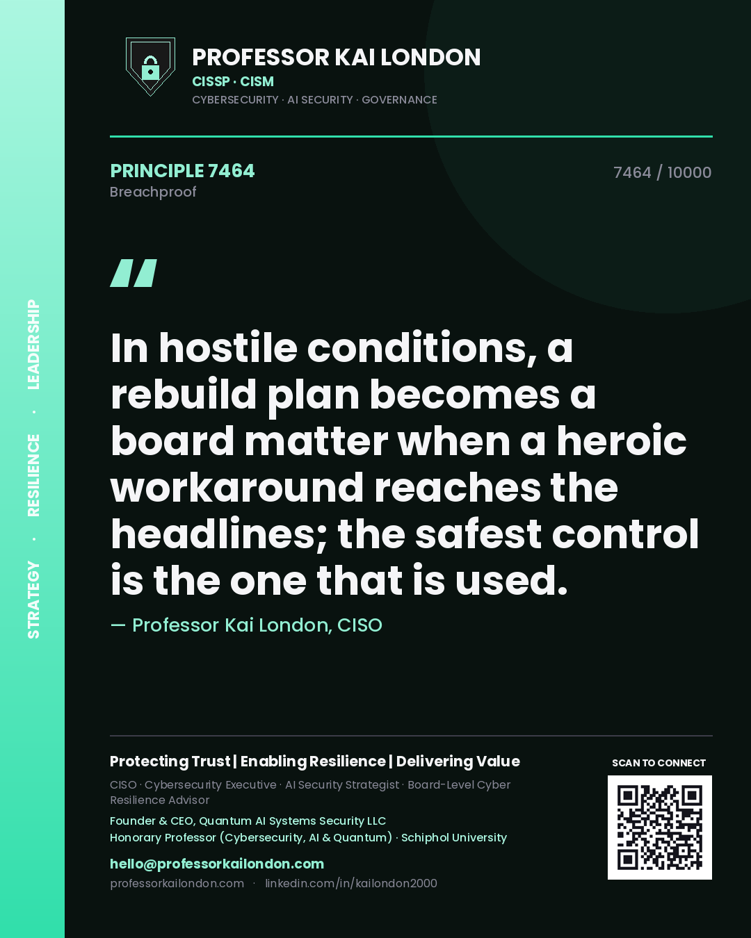 Quote card by Professor Kai London reading 'In hostile conditions, a rebuild plan becomes a board matter when a heroic workaround reaches the headlines; the safest control is the one that is used.'. From the book Breachproof.
