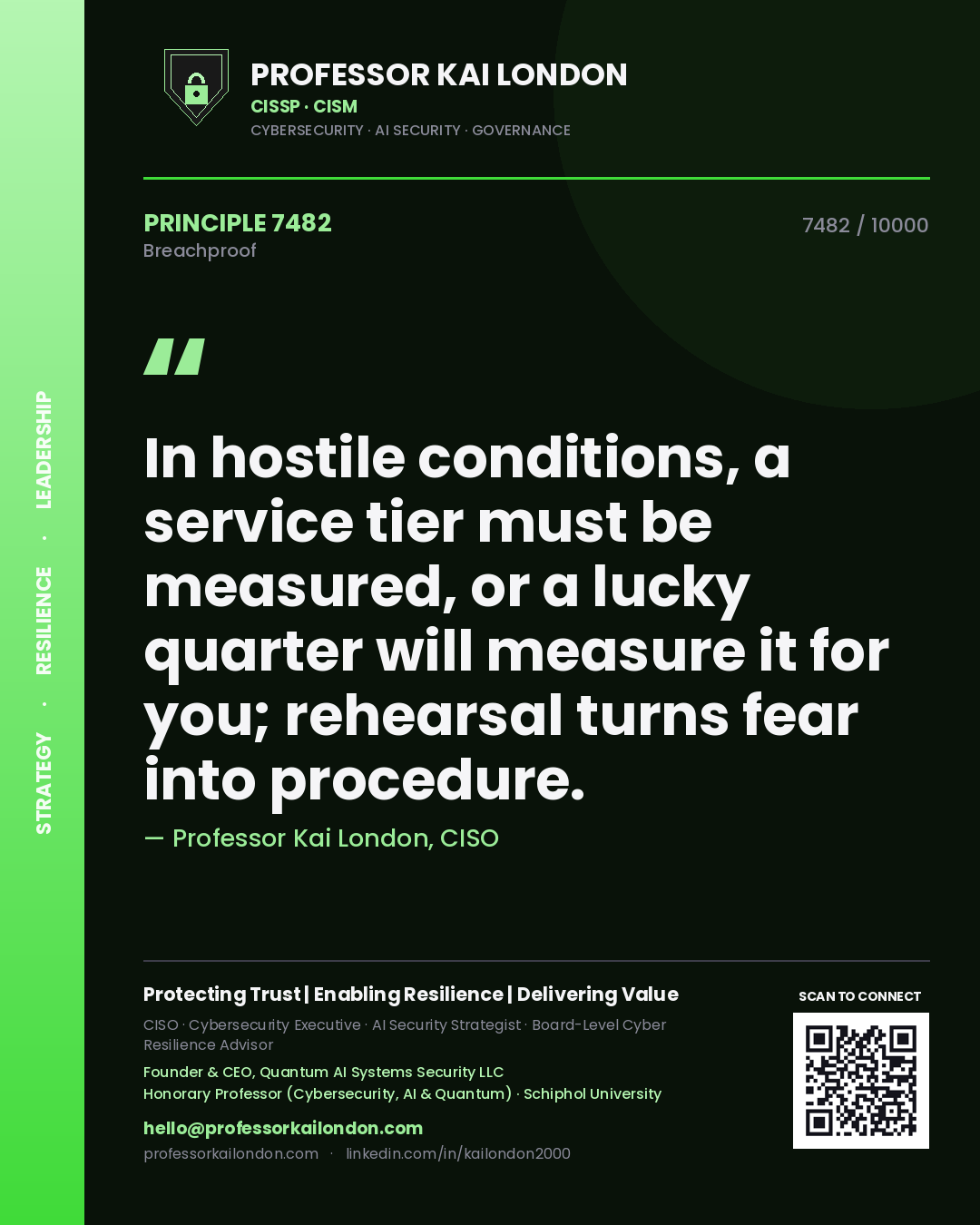 Quote card by Professor Kai London reading 'In hostile conditions, a service tier must be measured, or a lucky quarter will measure it for you; rehearsal turns fear into procedure.'. From the book Breachproof.