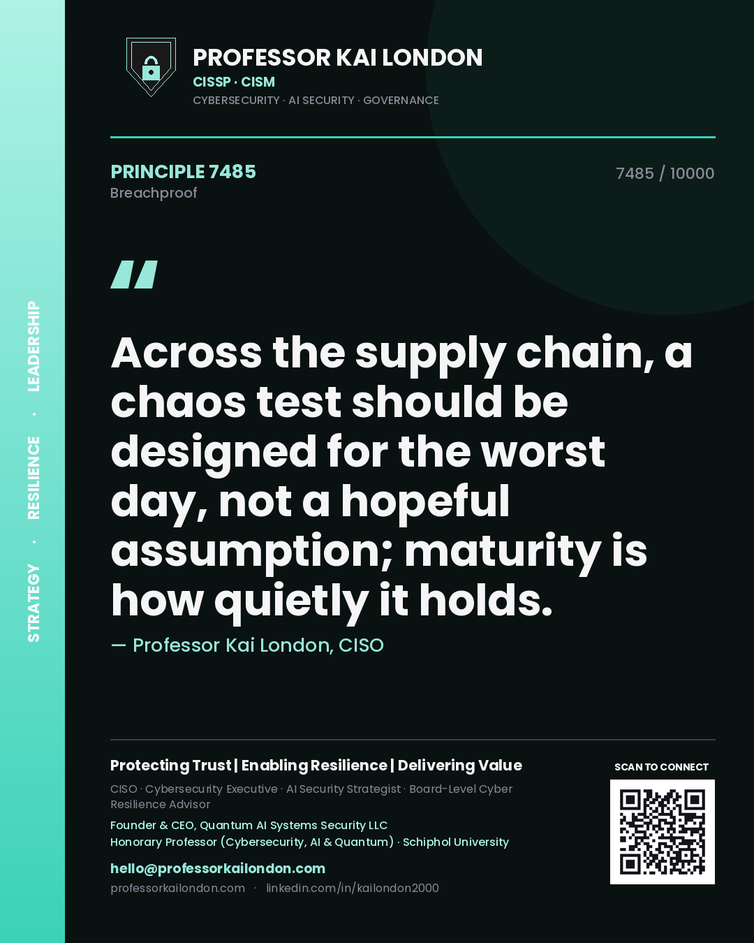 Quote card by Professor Kai London reading 'Across the supply chain, a chaos test should be designed for the worst day, not a hopeful assumption; maturity is how quietly it holds.'. From the book Breachproof.