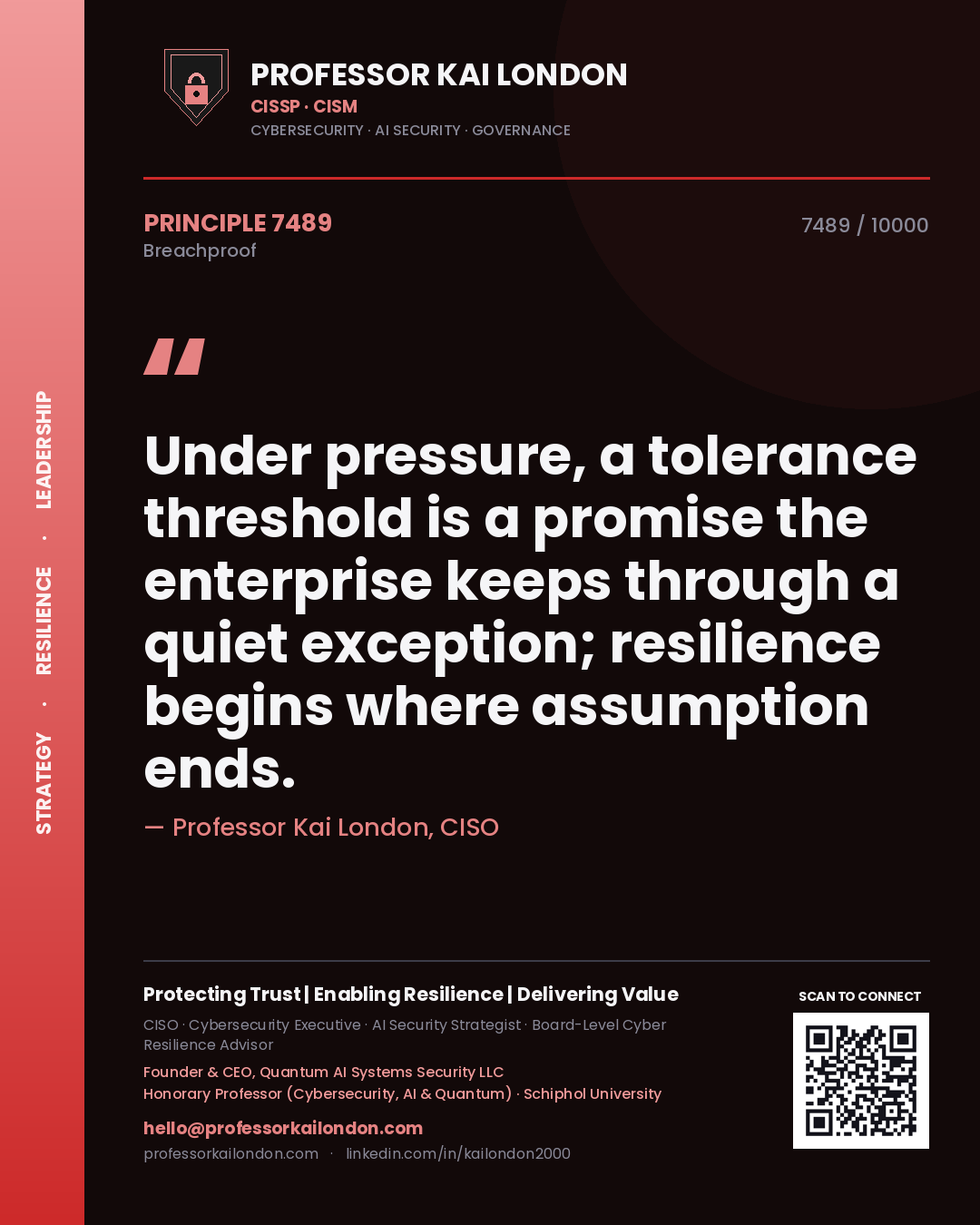 Quote card by Professor Kai London reading 'Under pressure, a tolerance threshold is a promise the enterprise keeps through a quiet exception; resilience begins where assumption ends.'. From the book Breachproof.