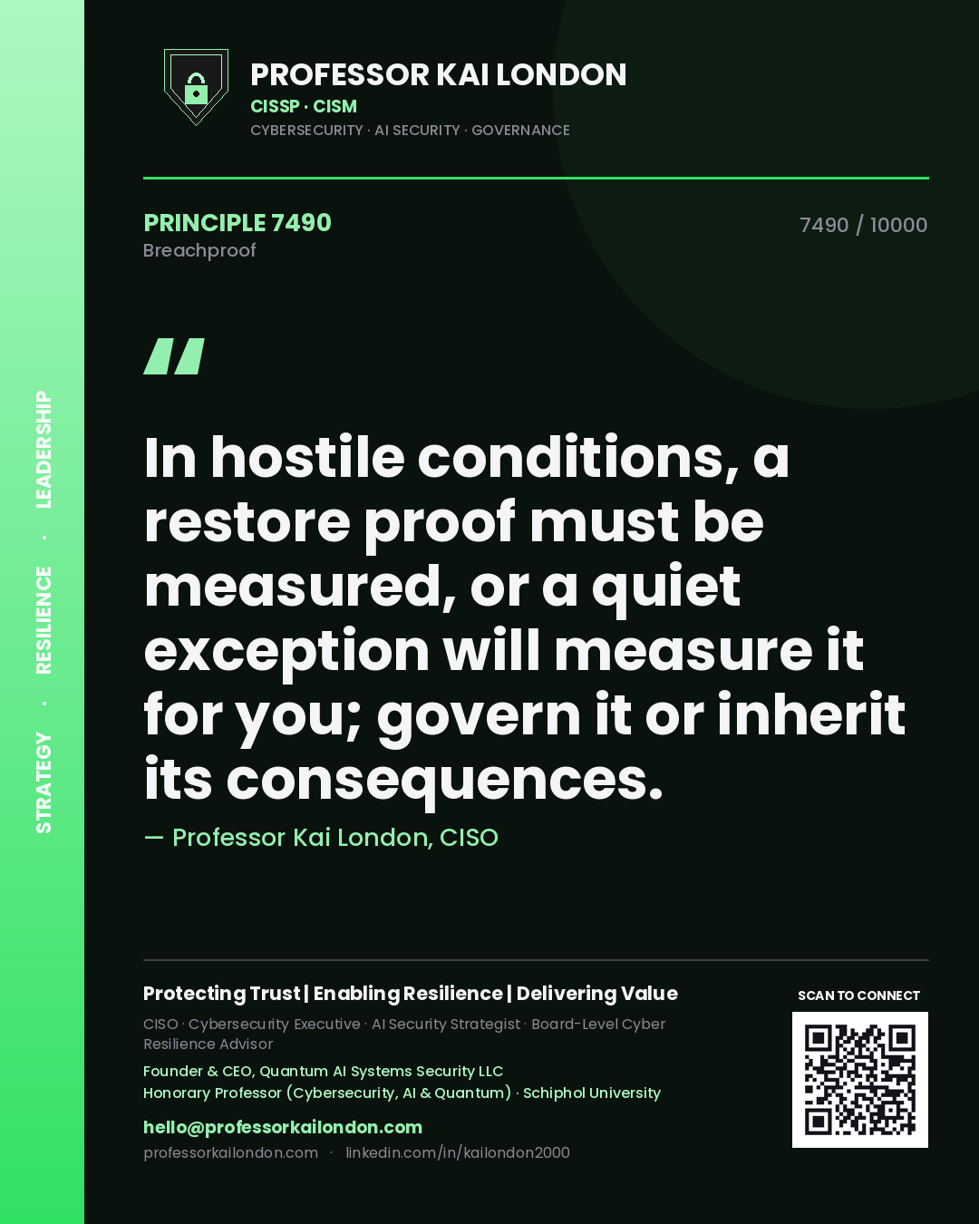 Quote card by Professor Kai London reading 'In hostile conditions, a restore proof must be measured, or a quiet exception will measure it for you; govern it or inherit its consequences.'. From the book Breachproof.