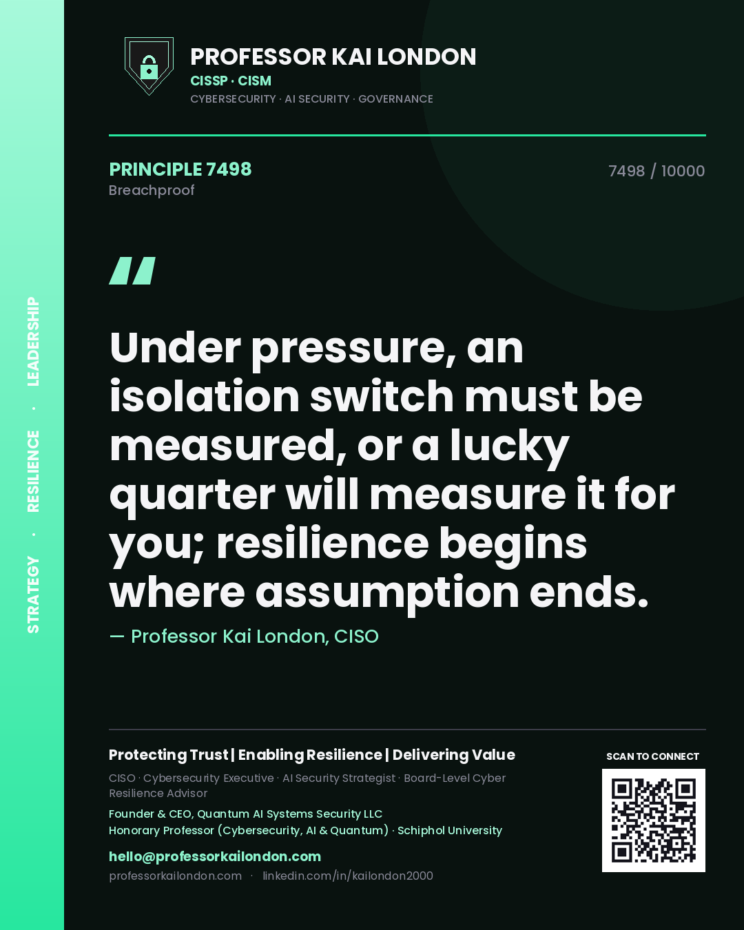 Quote card by Professor Kai London reading 'Under pressure, an isolation switch must be measured, or a lucky quarter will measure it for you; resilience begins where assumption ends.'. From the book Breachproof.