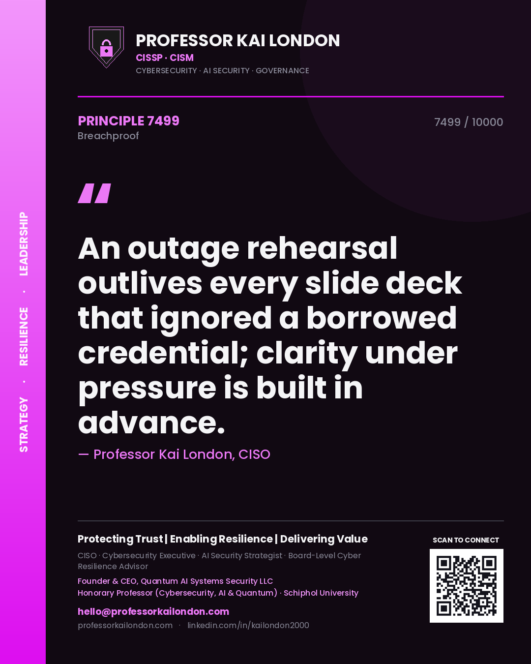 Quote card by Professor Kai London reading 'An outage rehearsal outlives every slide deck that ignored a borrowed credential; clarity under pressure is built in advance.'. From the book Breachproof.