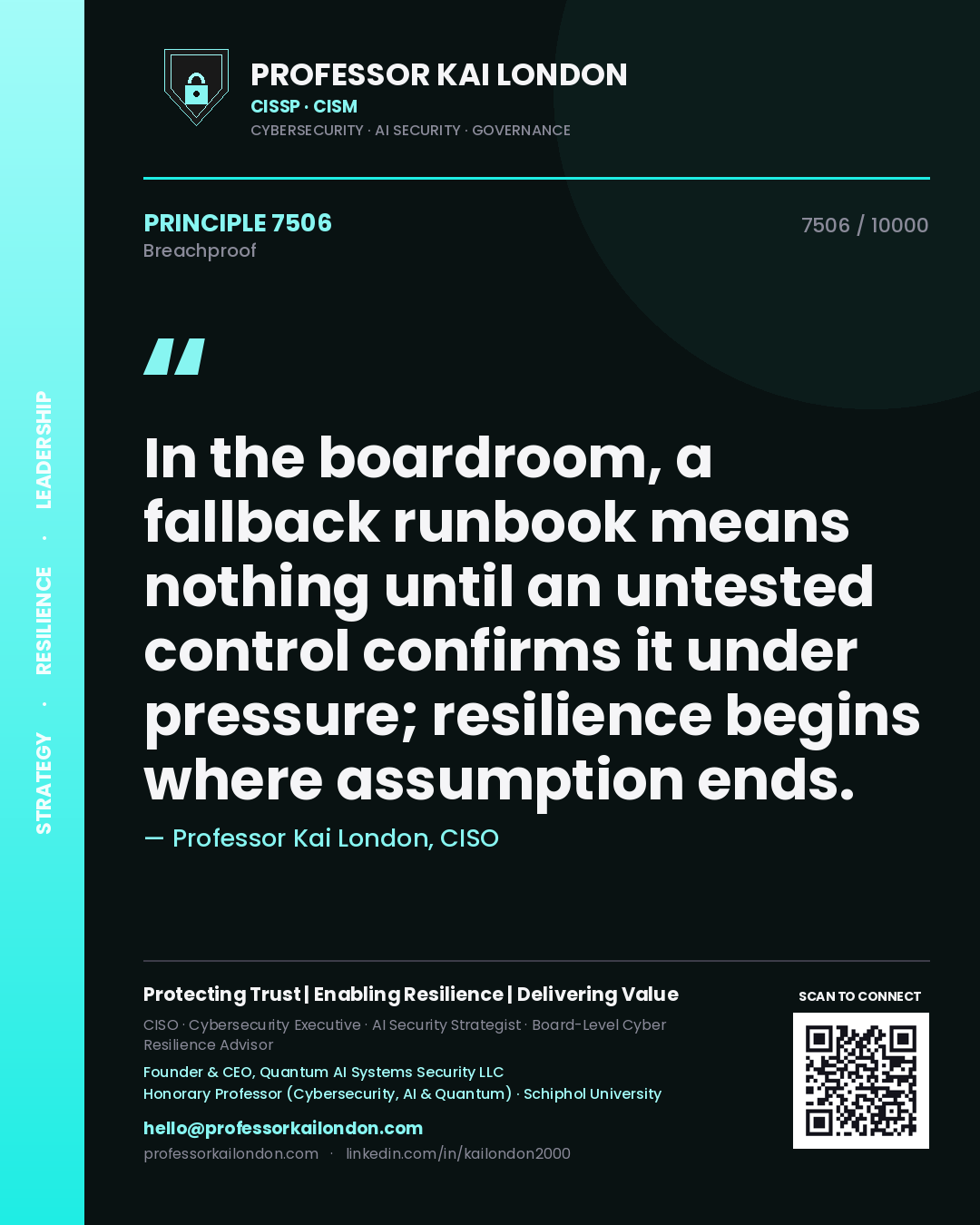 Quote card by Professor Kai London reading 'In the boardroom, a fallback runbook means nothing until an untested control confirms it under pressure; resilience begins where assumption ends.'. From the book Breachproof.