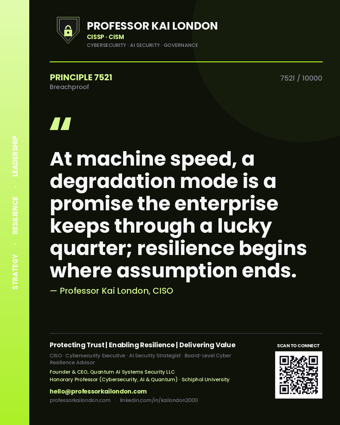 Professor Kai London principle 7521: At machine speed, a degradation mode is a promise the enterprise keeps through a lucky quarter; resilience begins where assumption ends.
