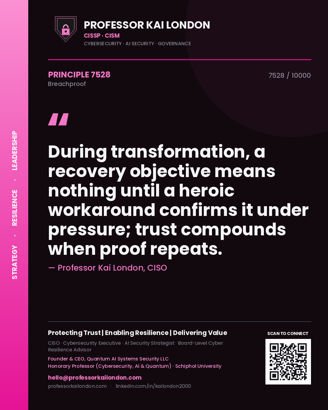 Quote card by Professor Kai London reading 'During transformation, a recovery objective means nothing until a heroic workaround confirms it under pressure; trust compounds when proof repeats.'. From the book Breachproof.