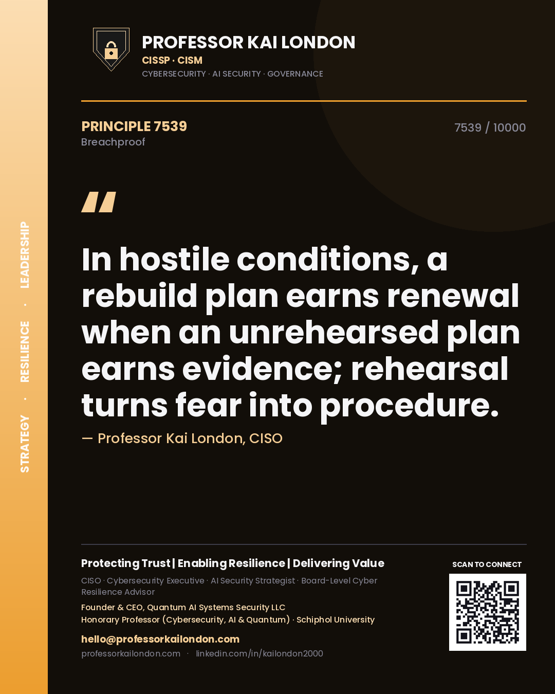 Quote card by Professor Kai London reading 'In hostile conditions, a rebuild plan earns renewal when an unrehearsed plan earns evidence; rehearsal turns fear into procedure.'. From the book Breachproof.