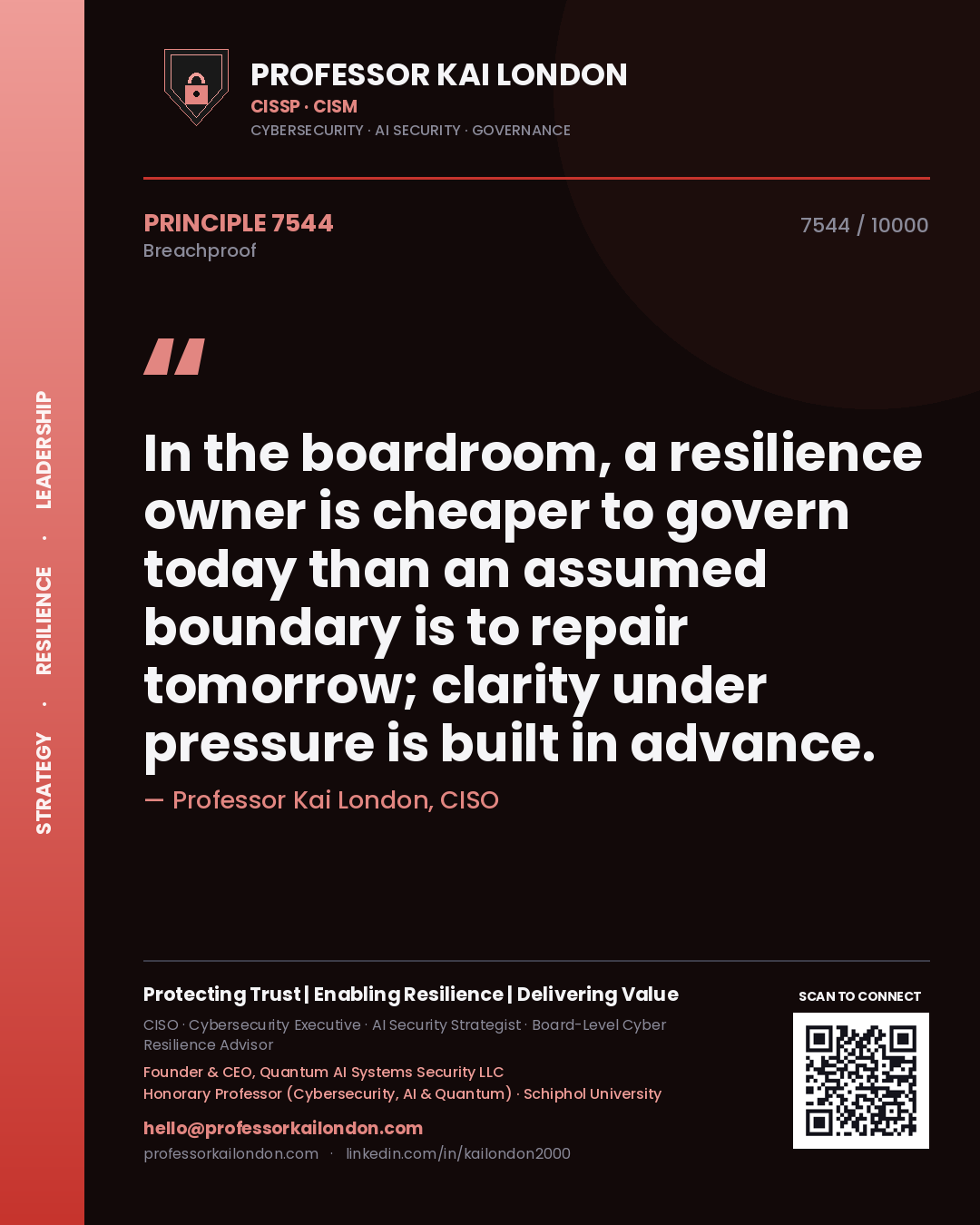 Quote card by Professor Kai London reading 'In the boardroom, a resilience owner is cheaper to govern today than an assumed boundary is to repair tomorrow; clarity under pressure is built in advance.'. From the book Breachproof.