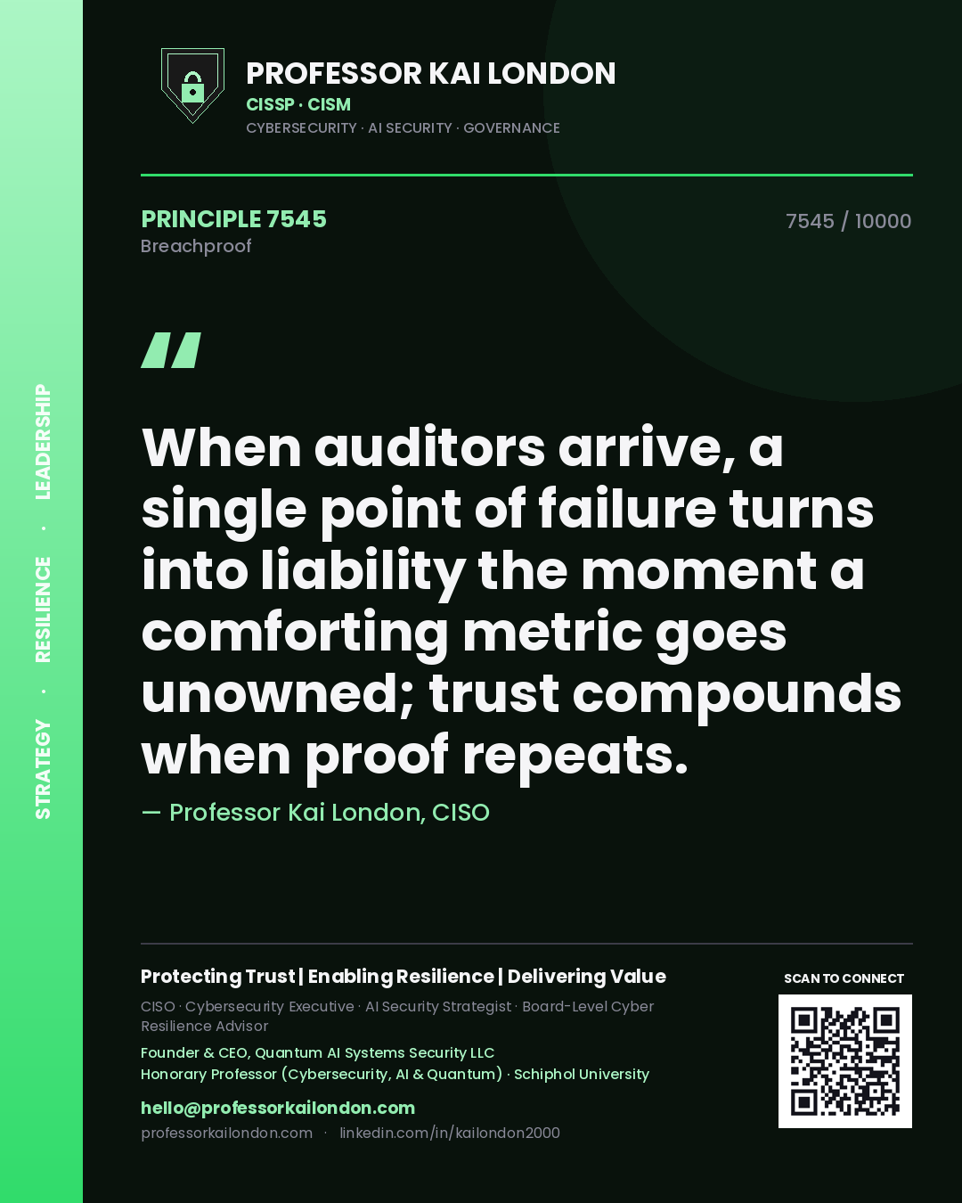 Quote card by Professor Kai London reading 'When auditors arrive, a single point of failure turns into liability the moment a comforting metric goes unowned; trust compounds when proof repeats.'. From the book Breachproof.