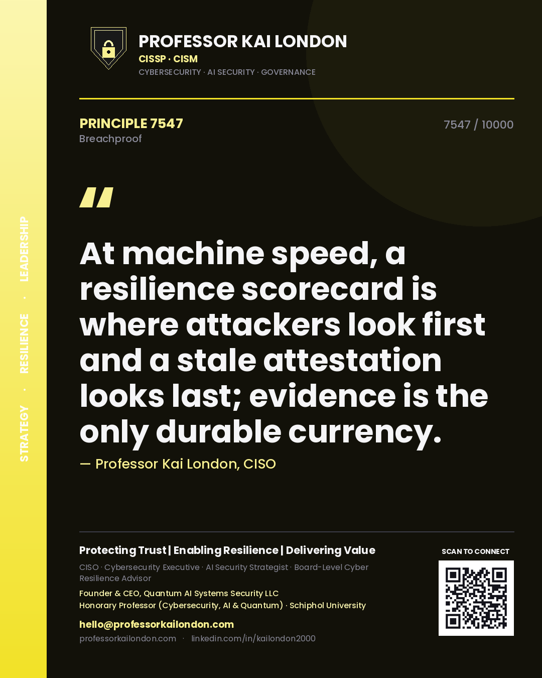 Quote card by Professor Kai London reading 'At machine speed, a resilience scorecard is where attackers look first and a stale attestation looks last; evidence is the only durable currency.'. From the book Breachproof.